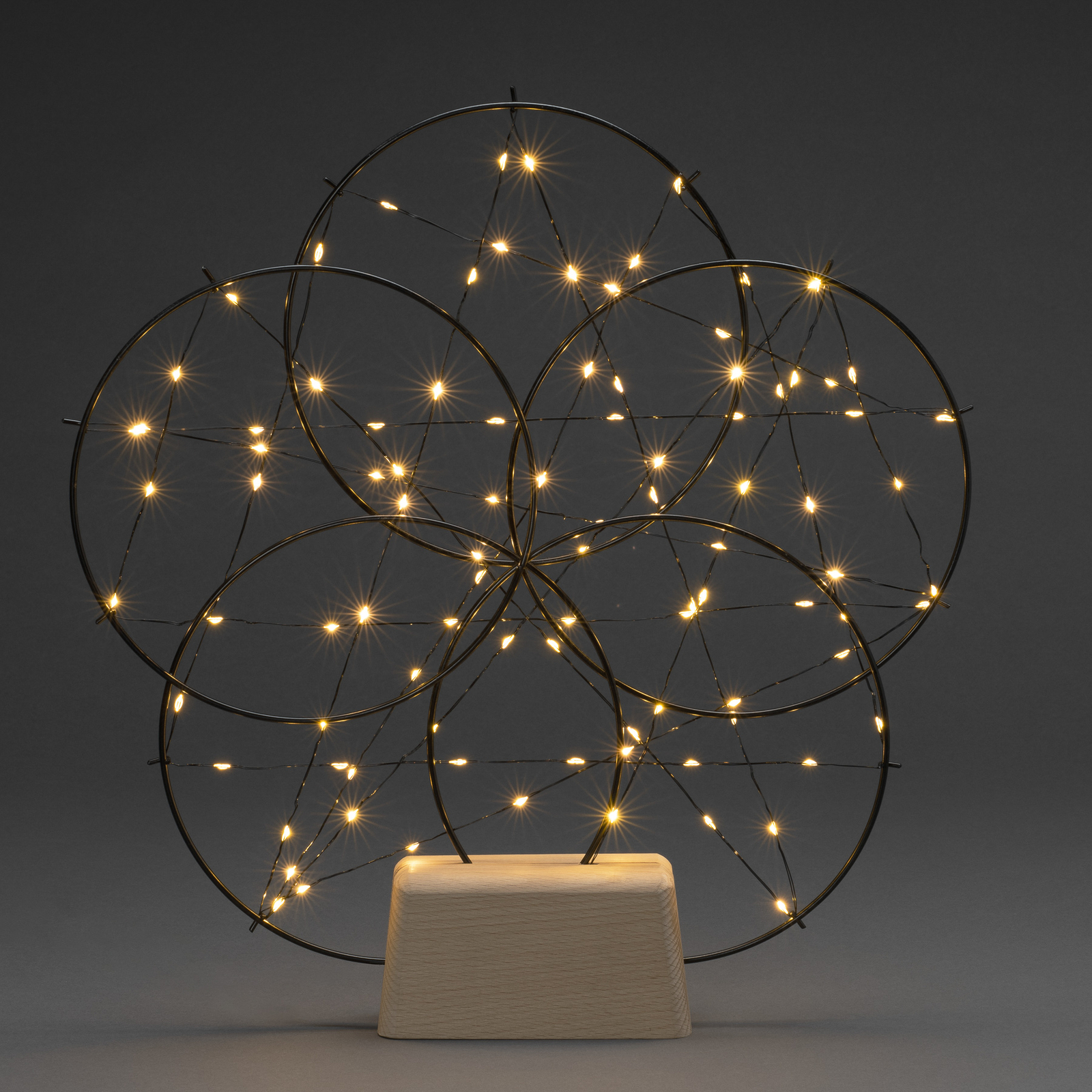 Lampe décorative LED 5 petits anneaux, pied bois