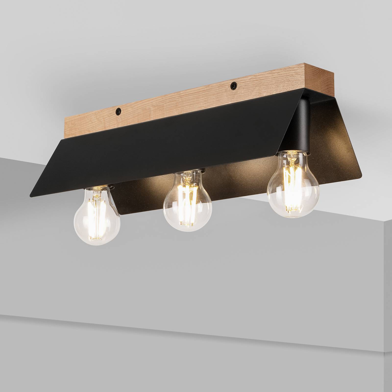 Deckenlampe Esme, schwarz, Länge 40 cm, Metall/Holz, 3-flg. günstig online kaufen