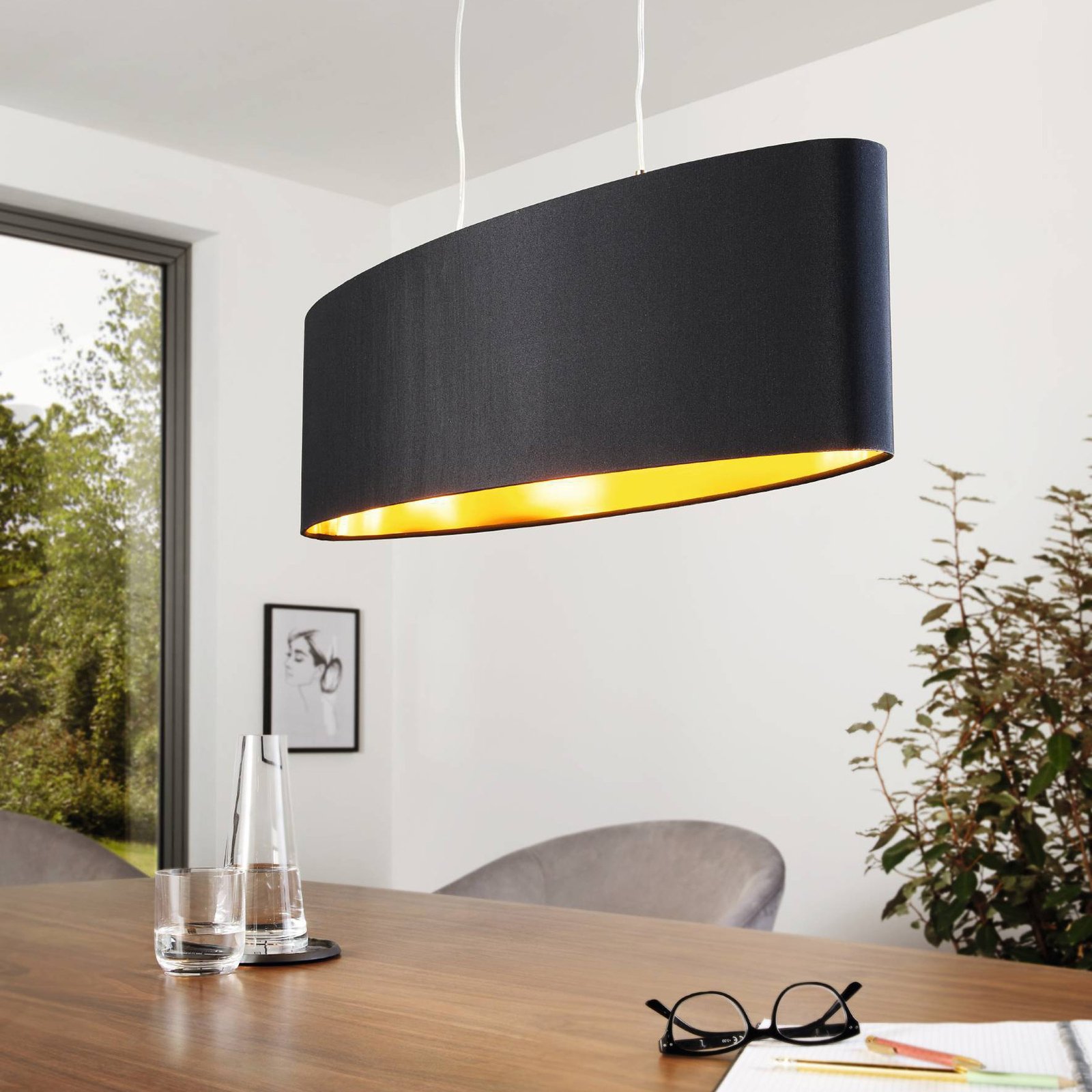 Gold-black fabric pendant light Lecio