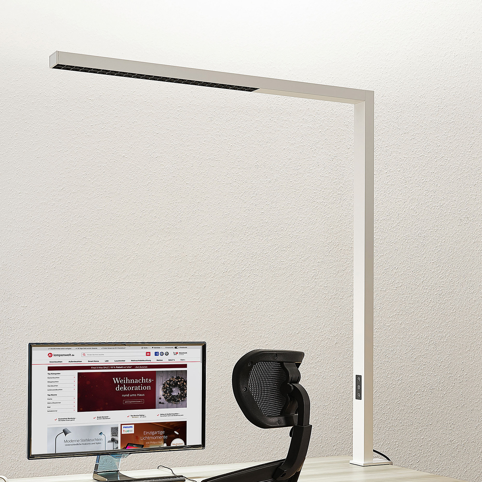 Arcchio Jolinda LED office clip-on light, white, for Workroom / Office, aluminium, plastic, 70 W, energy efficiency: A+, L: 105.6 cm, W: 6.4 cm, H: 141.4 cm