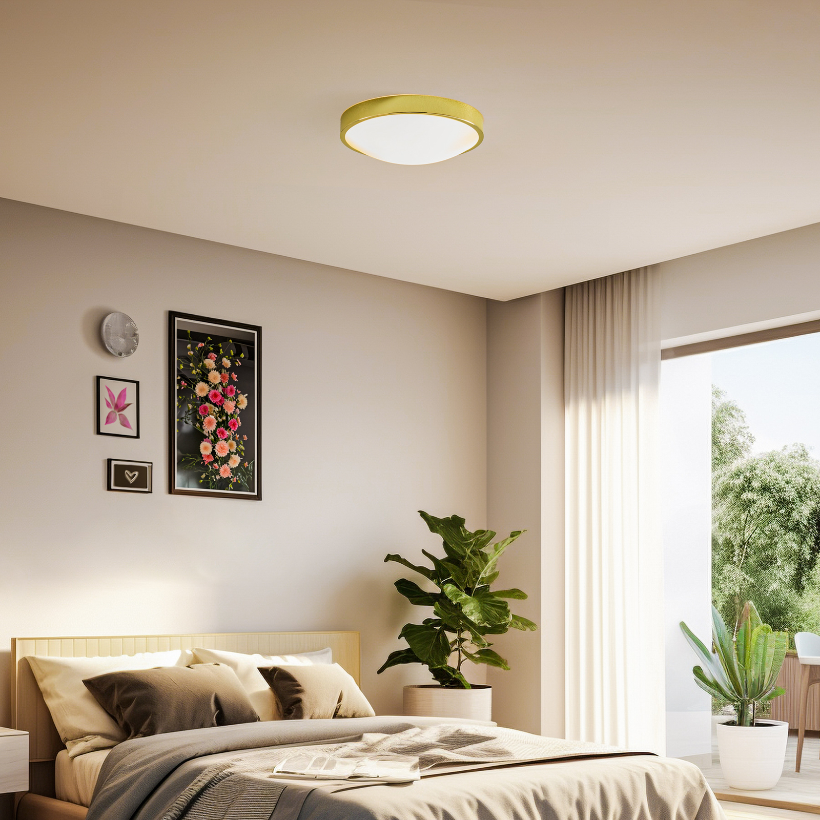 Φωτιστικό οροφής Jaris, καμπυλωτό γυαλί, Ø 36 cm, χρυσό