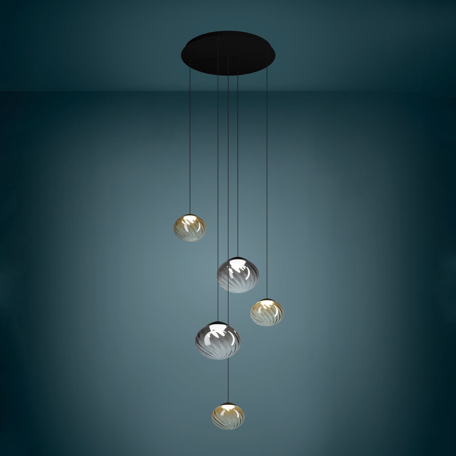 Suspension Stars of Light Pantoja, noir/ambre, 68 cm, à 5 lampes