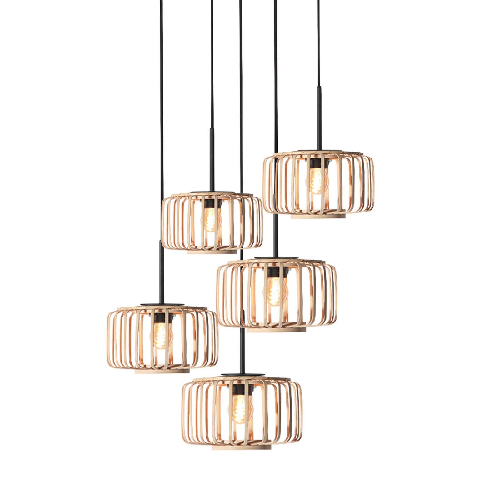 Suspension Breeza Beache, à 5 lampes, ronde, noire, bambou