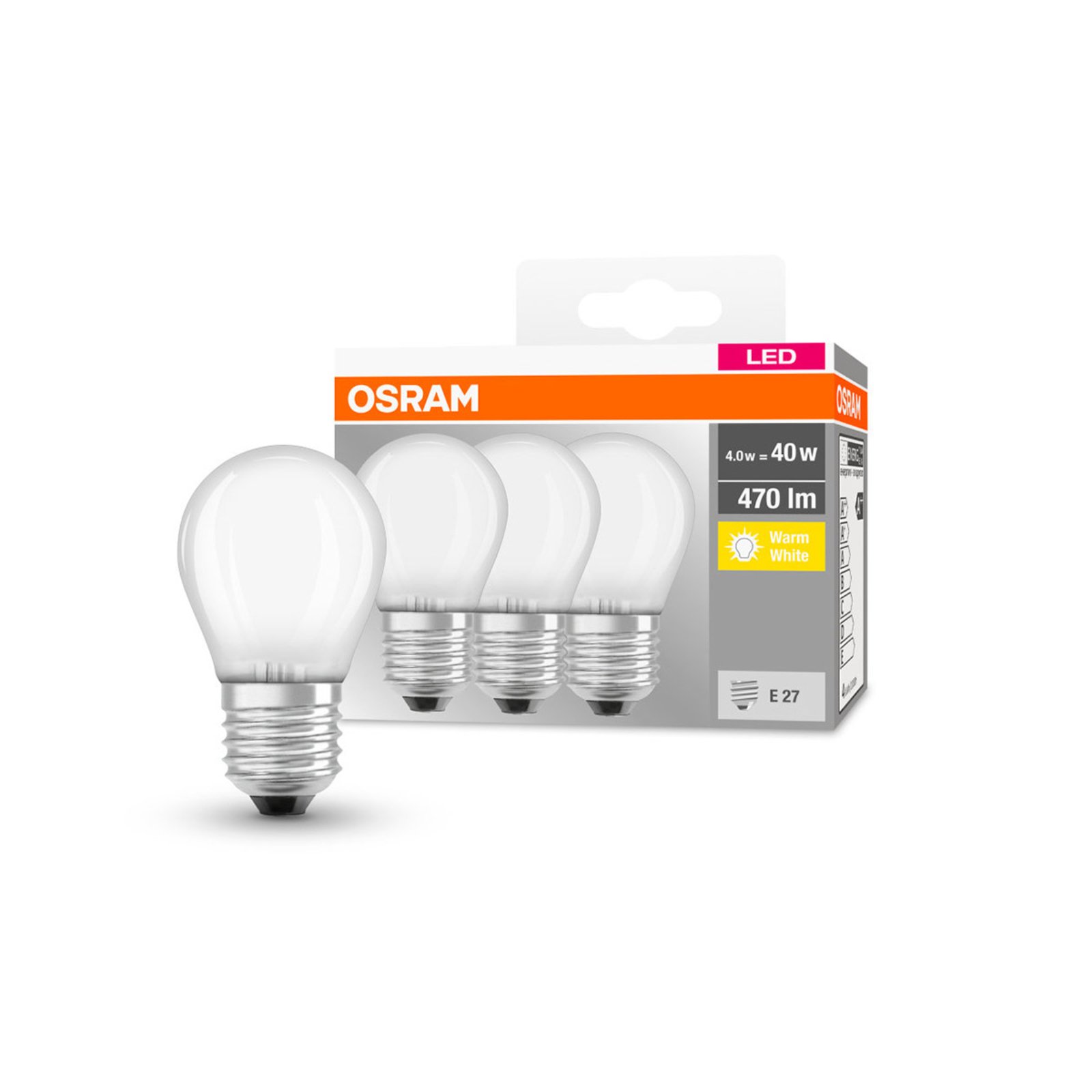 OSRAM LED-Tropfen E27 P40 4W 2.700K 470lm matt 3er