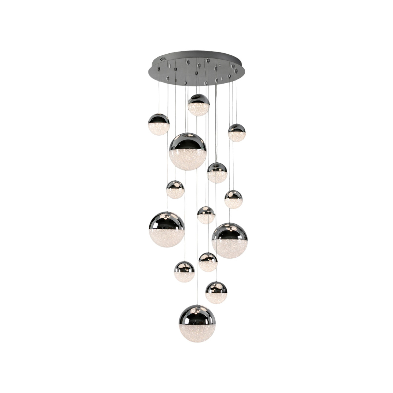LED hanglamp Sphere, chroom/helder 14-lamps app