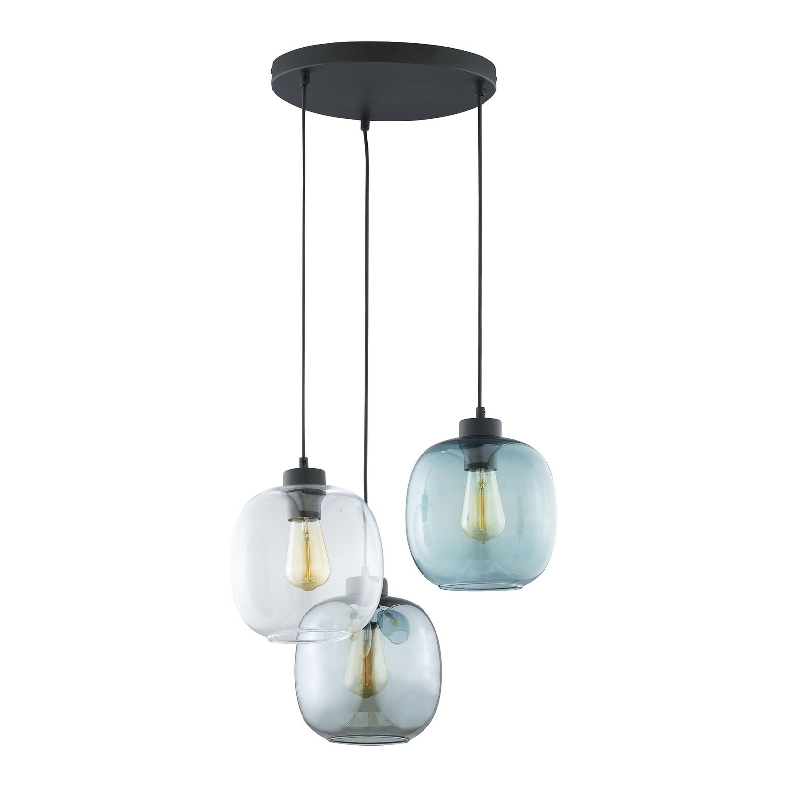 Elio pendant light, glass, blue/clear/grey, 3-bulb, round