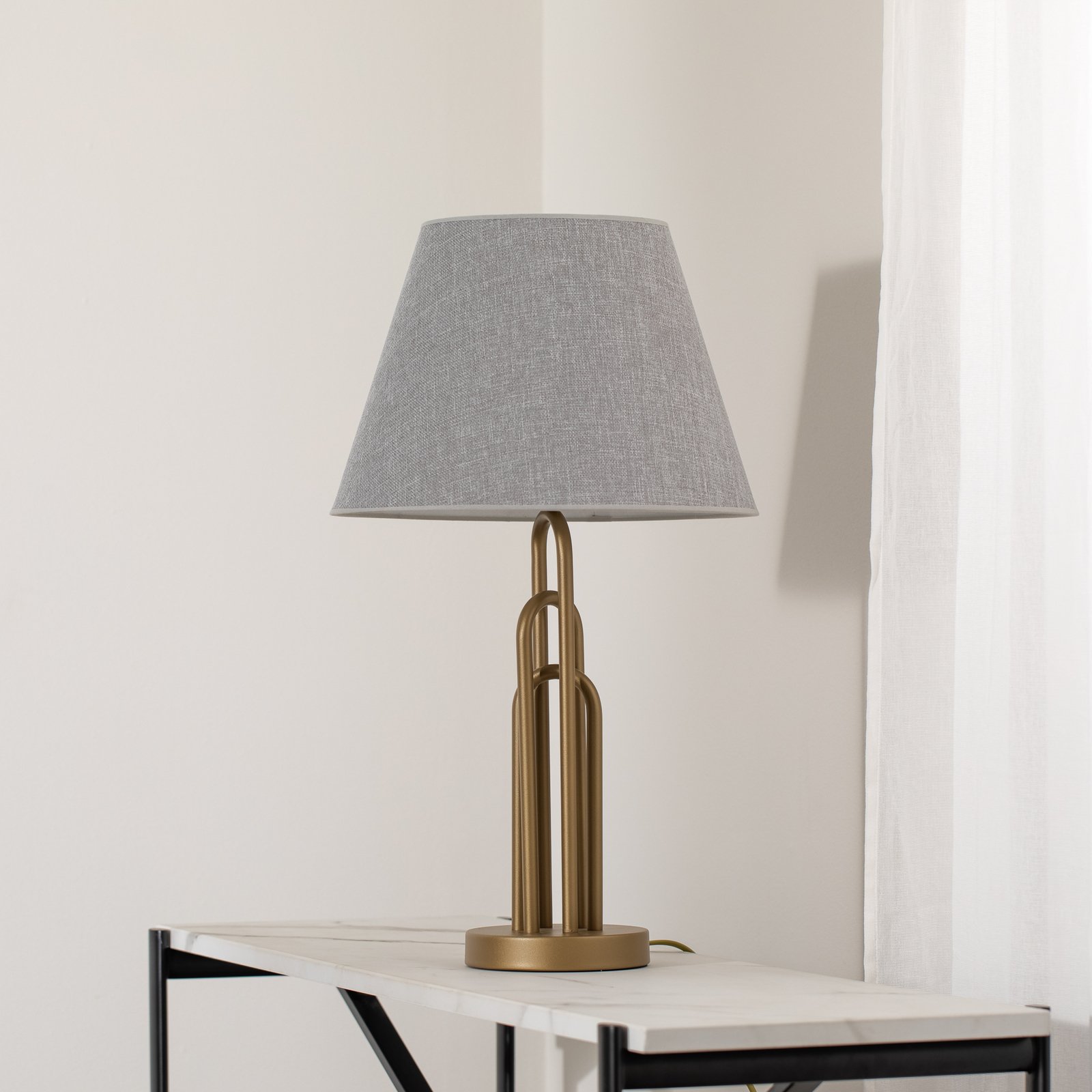 Lampe de table Lazar, gris/or antique, hauteur 65 cm, textile/métal
