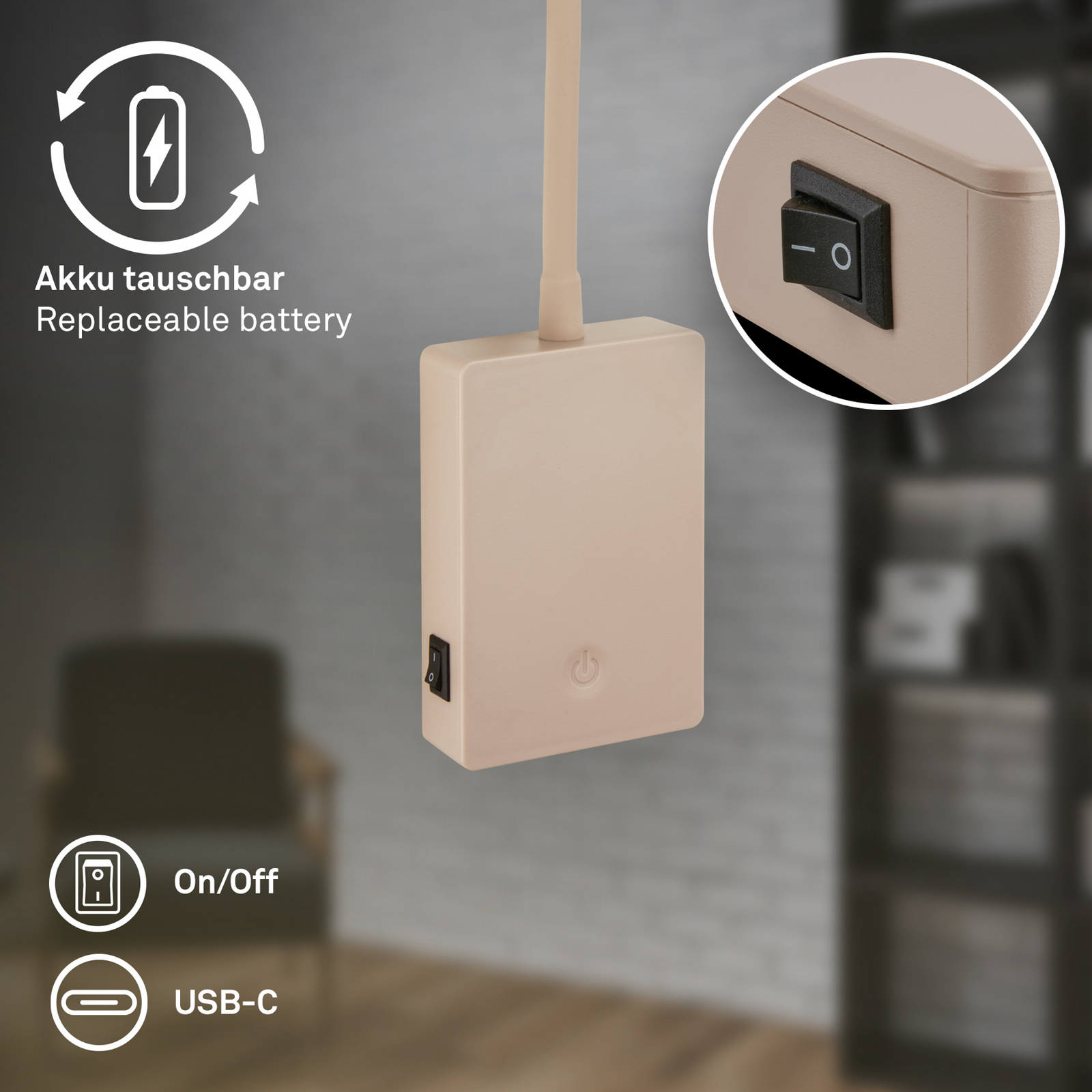 LED-läslampa med batteri Brilo unplugged Smooth, beige, med dimmer LED-läslampa med batteri Brilo unplugged Smooth, beige, med dimmer