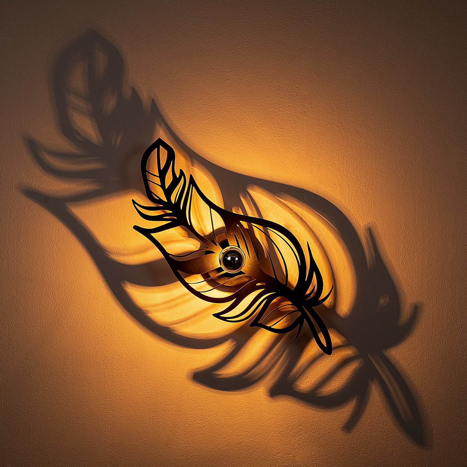 Wall light W-030, black, feather design, MDF wood, laser cut