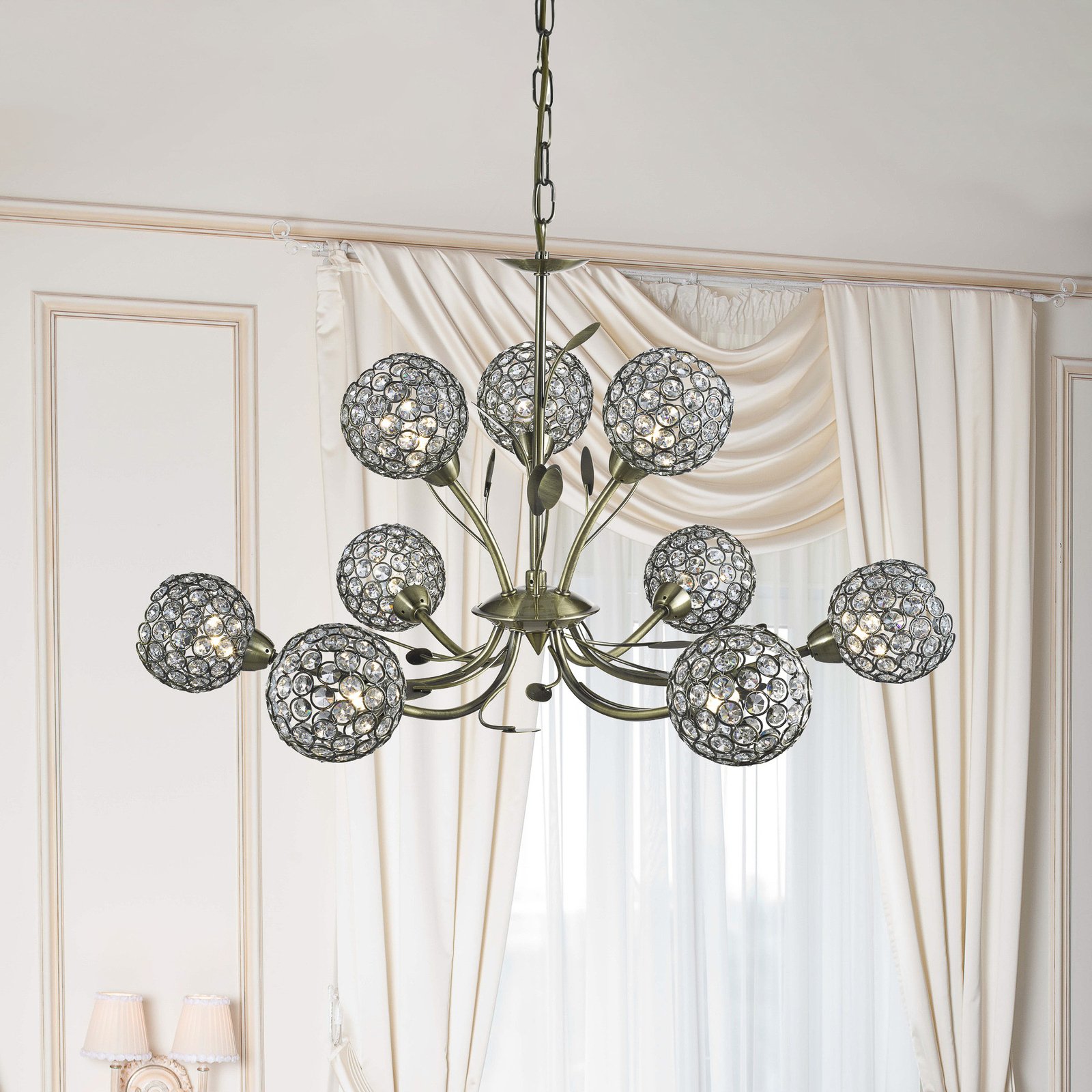 Lampadario Bellis II, ottone antico, vetro, a 9 luci, G9