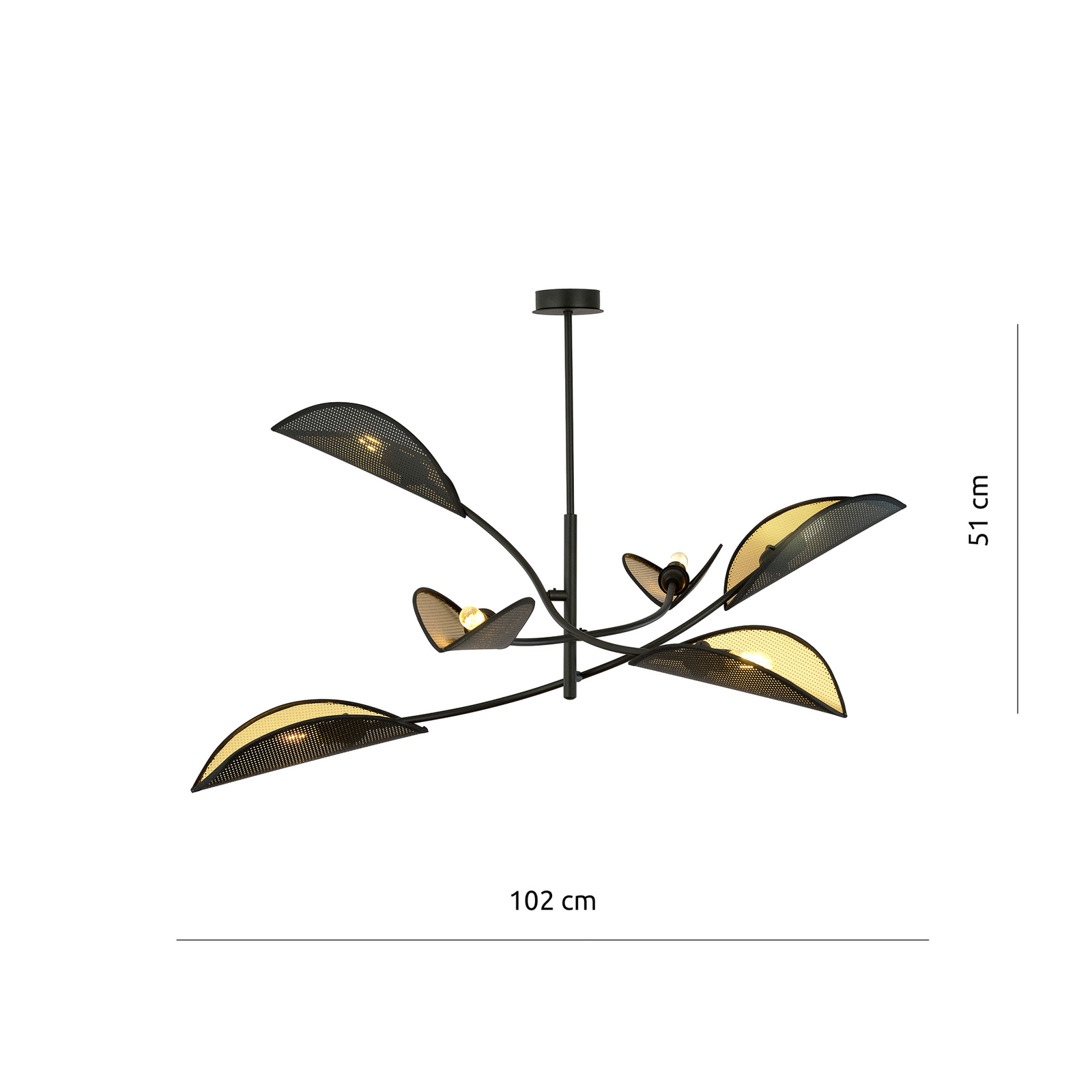 Deckenlampe Lotus, schwarz/gold, 6-flammig