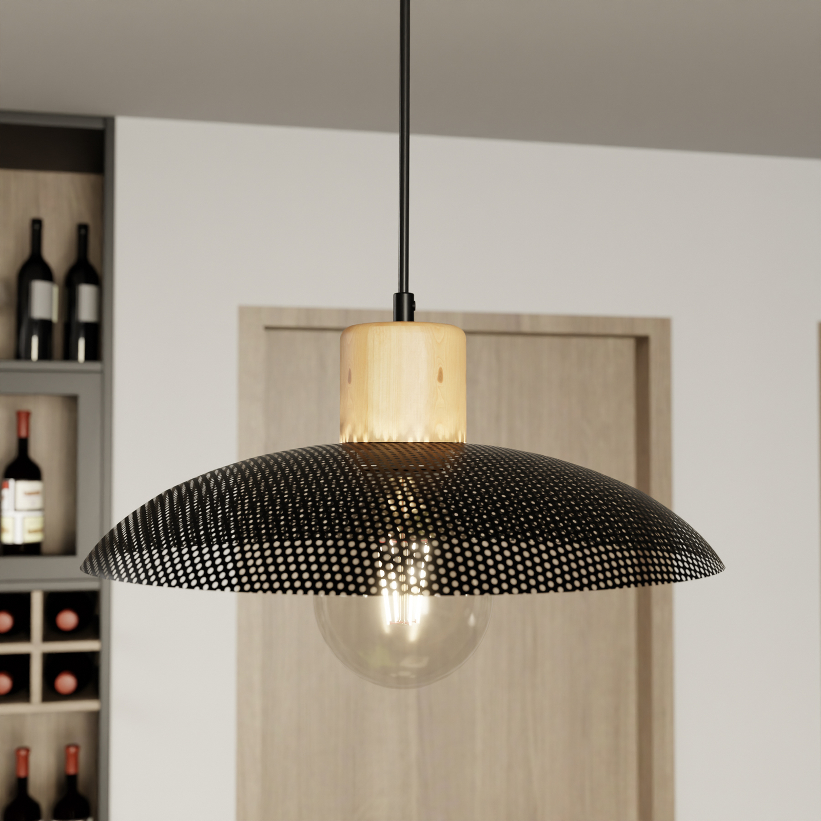 Lámpara colgante Kobe, 1 luz, acero, madera, negro