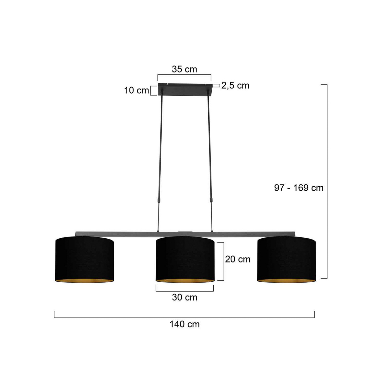 Lampada a sospensione Stang, nero/nero-oro, lunghezza 140 cm, a 3 luci.