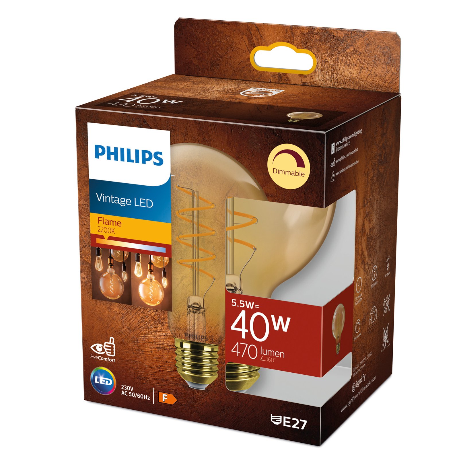 Philips E27 LED-Globe G95 5,5W z možnostjo zatemnitve 2.200K zlata