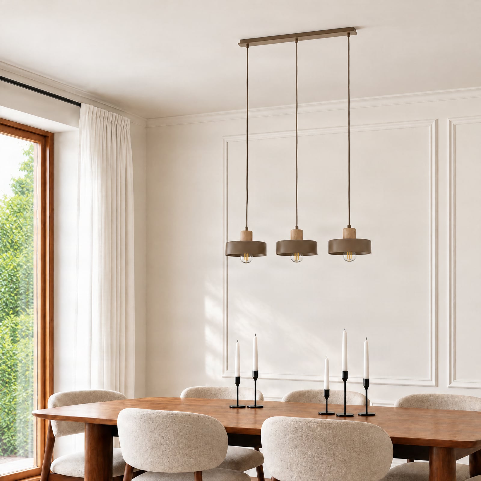 Torin pendant light, beige, length 80 cm, 3-bulb, metal and wood