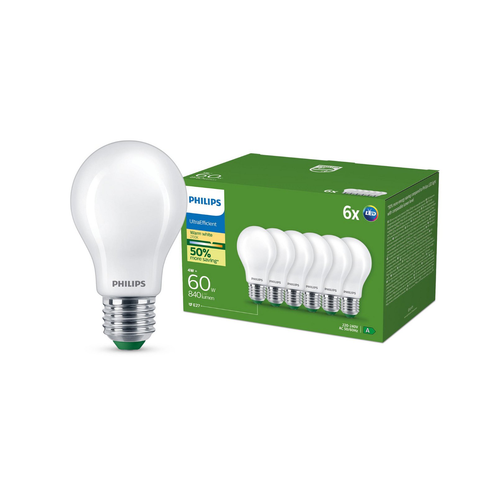 Philips E27 LED-pære A60 4W 840lm 2700K opal 6-pak
