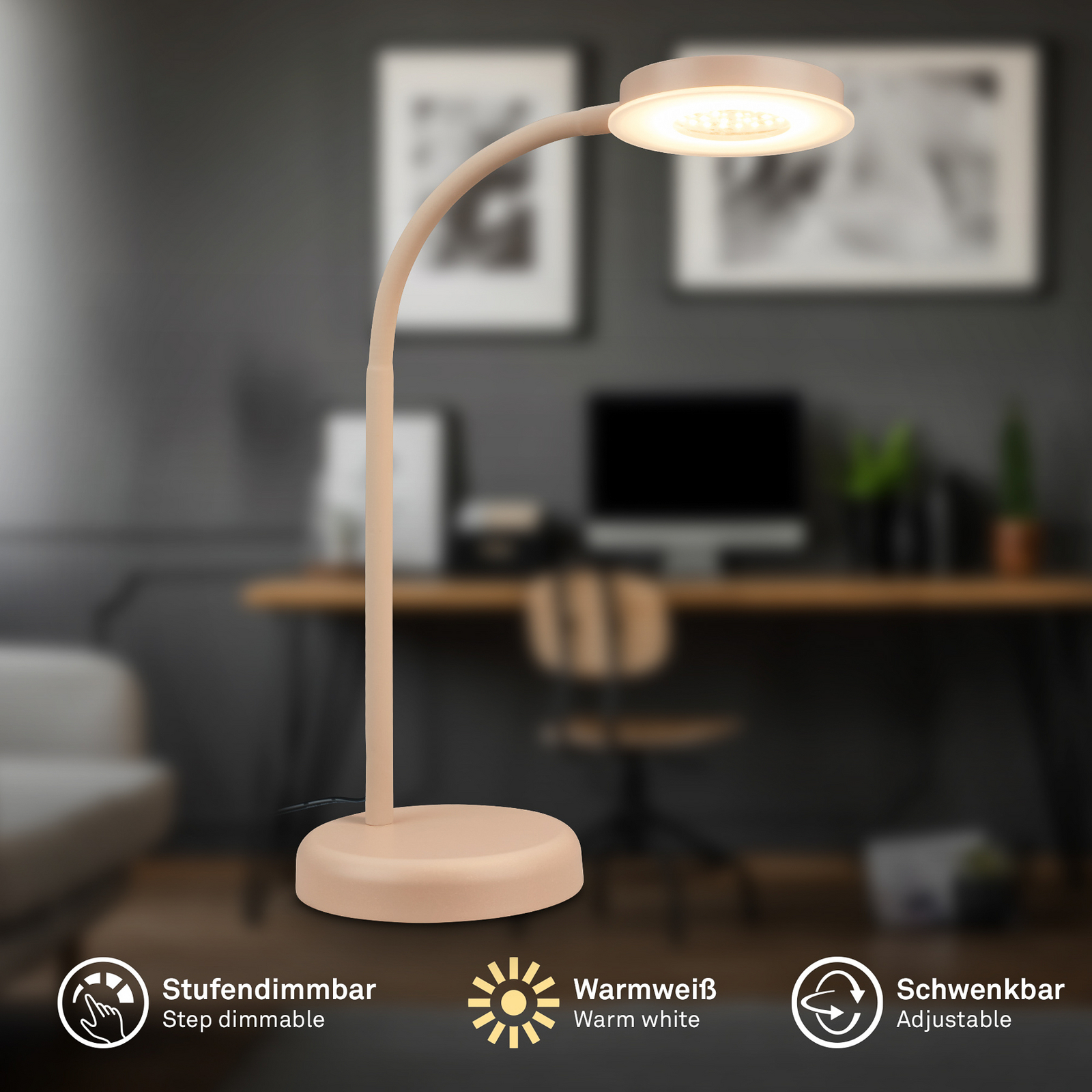 LED-bordlampe Megg, beige, metall, dimmer, 3000 K