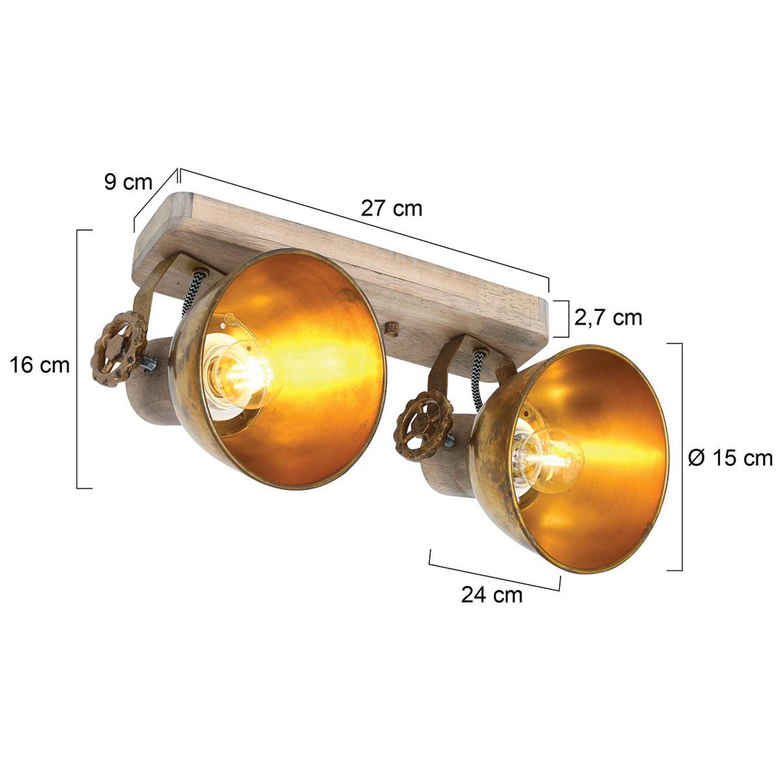 Ceiling spotlight Gearwood, bronze, 2-bulb, metal, wood, E27