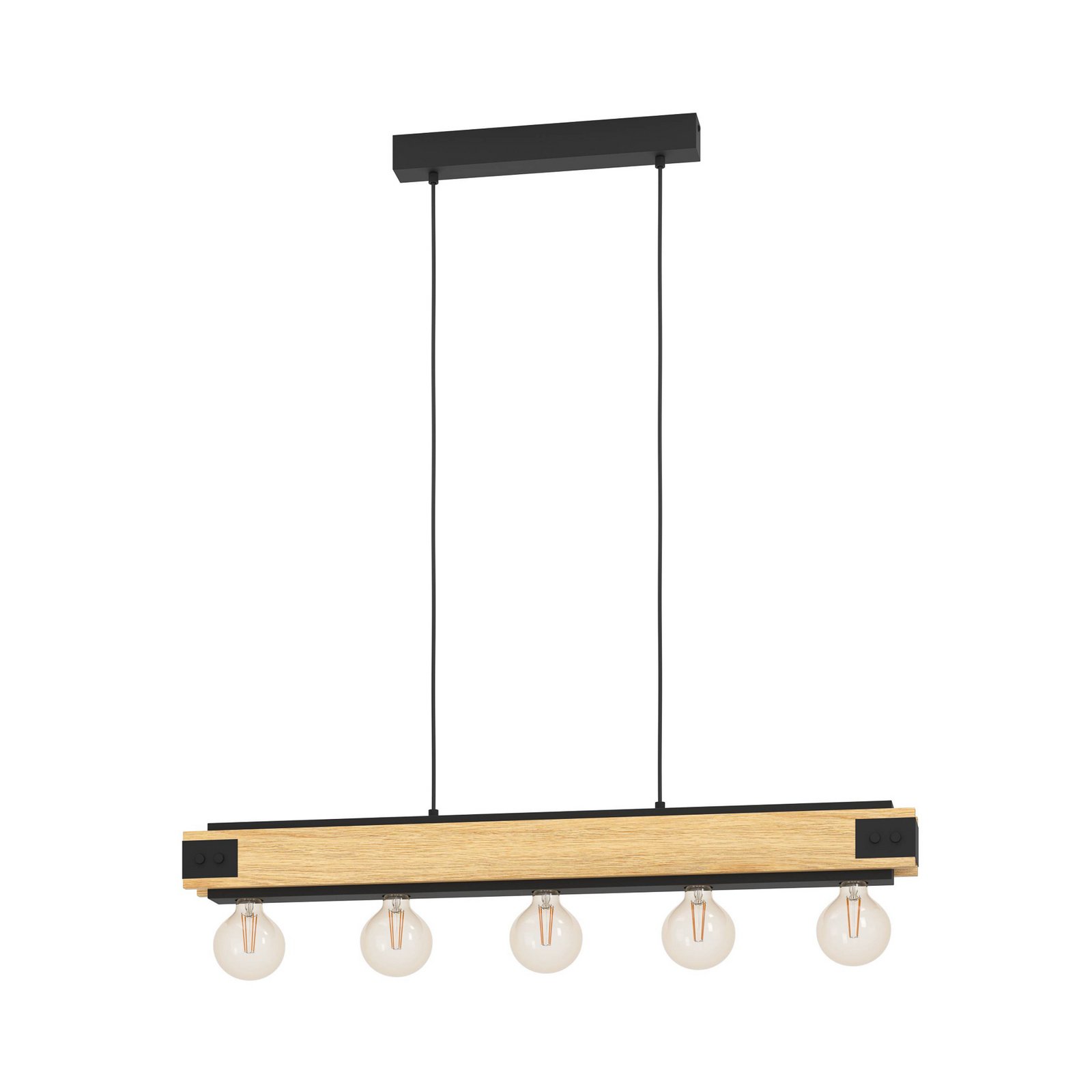 Suspension Layham, noir/bois clair, longueur 96 cm, à 5 lampes.