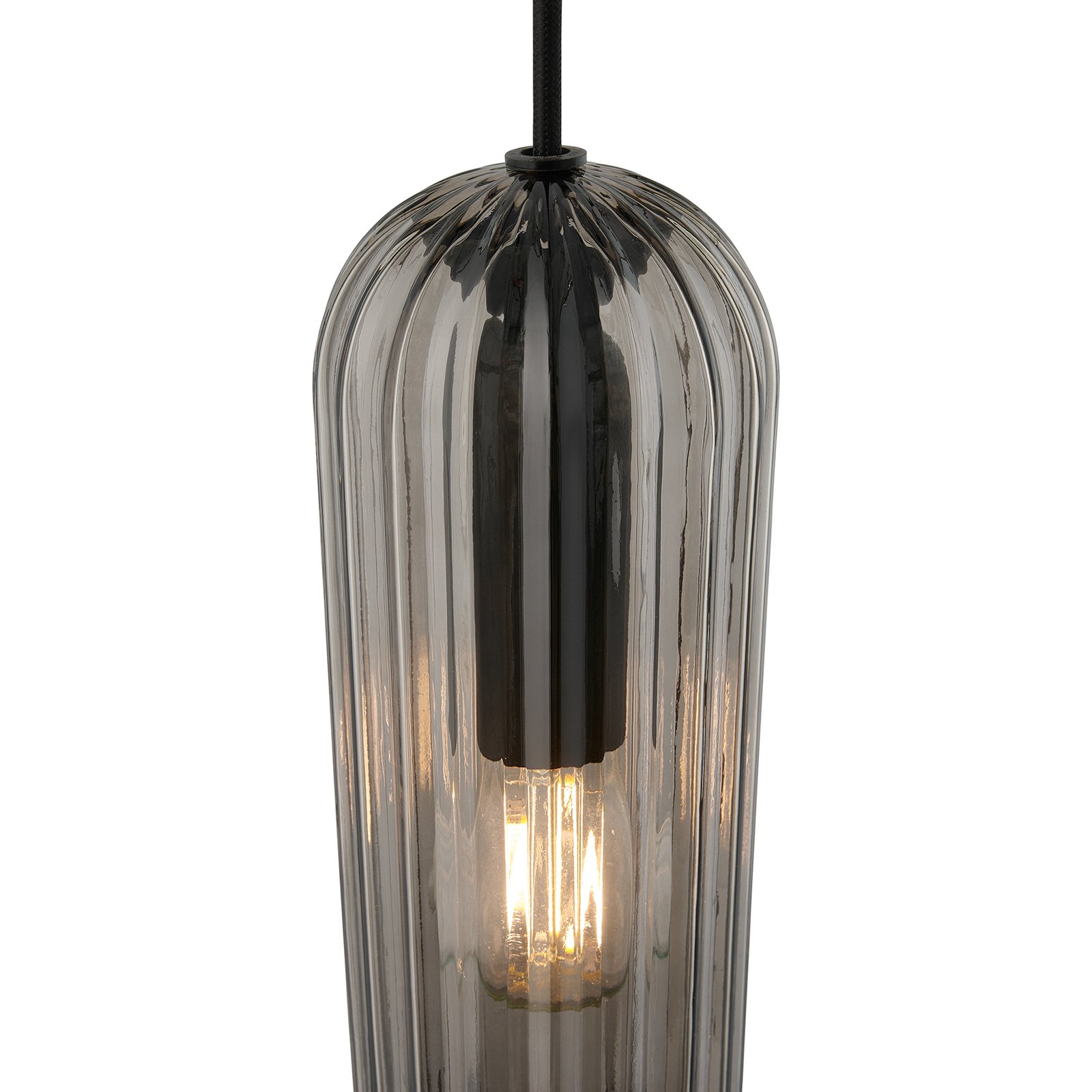 Hanglamp Miella, 3-lamps, geribbeld glas, rook/zwart
