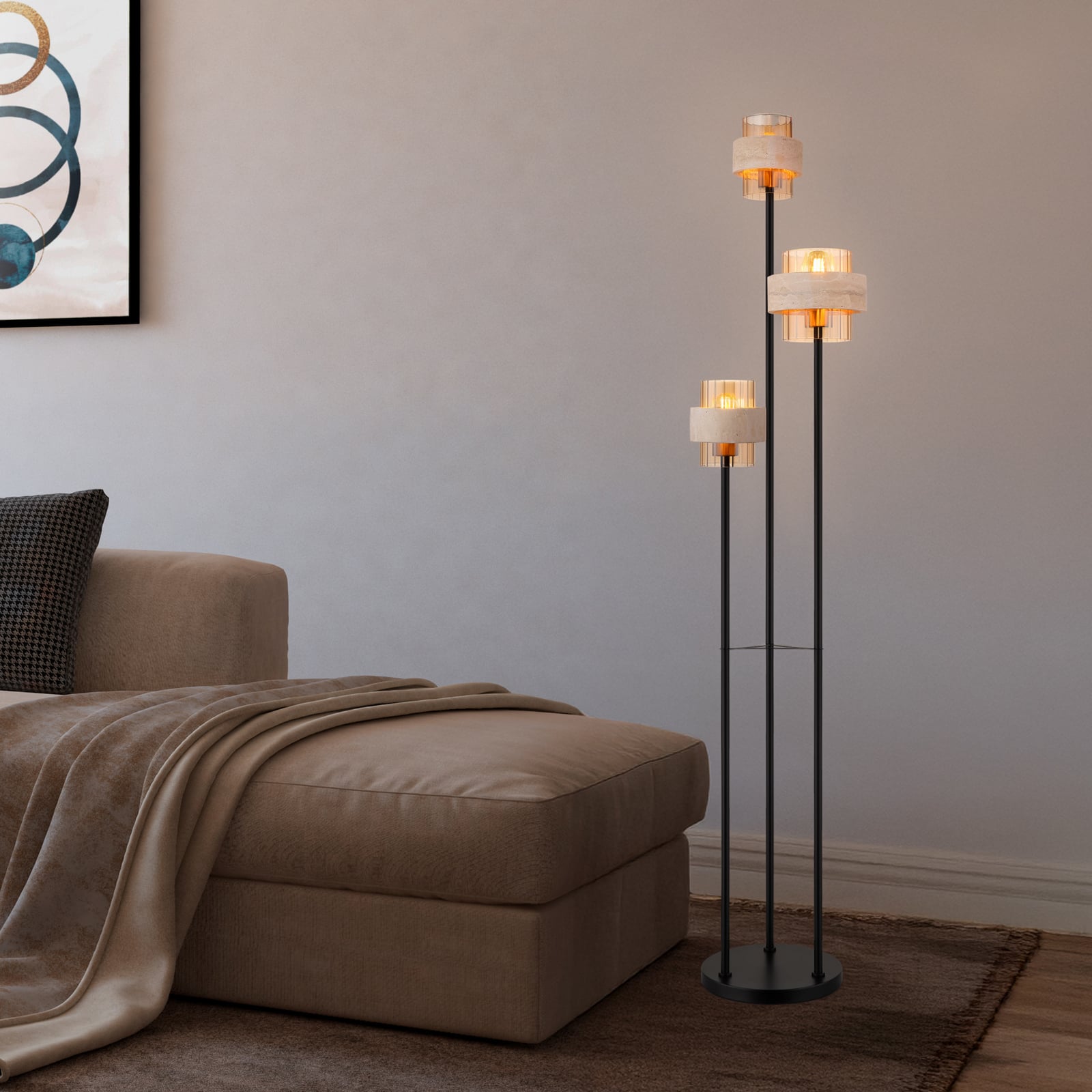 Golvlampa Daren, beige/bärnstensfärgad/svart, 167 cm, 3 lampor, E27