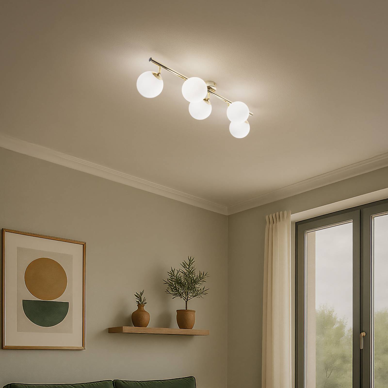 Deckenleuchte Drum, goldfarben, Glas, Länge 80 cm, 5-flammig günstig online kaufen