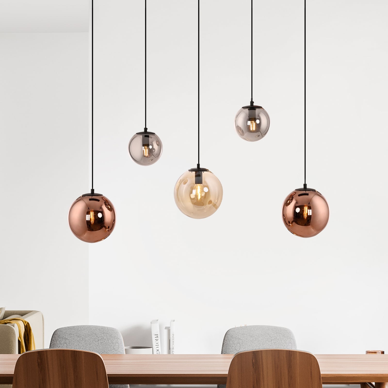 Shiny pendant light, 5-bulb, long, multicoloured, glass, E14