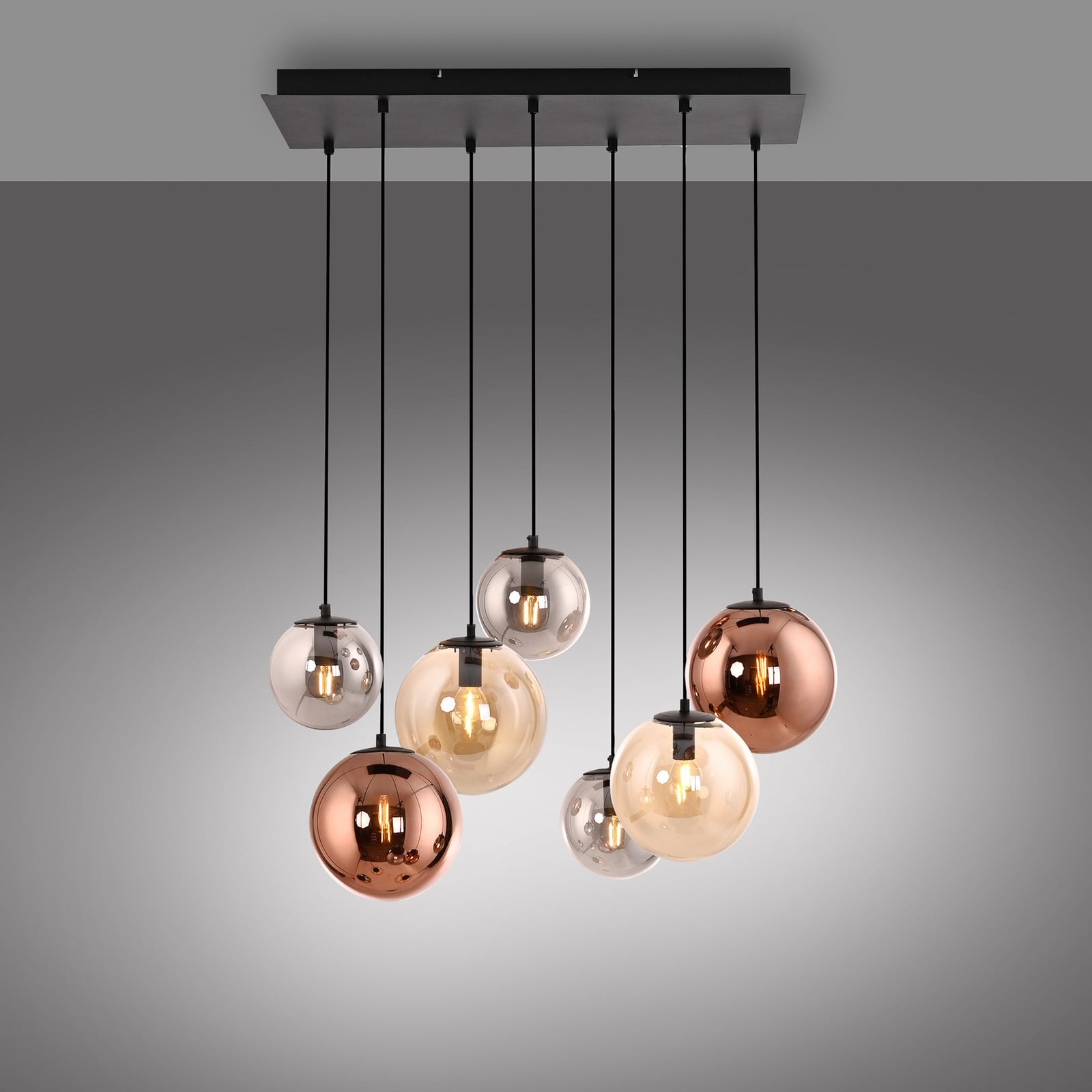 Shiny pendant light, 7-bulb, long, multicoloured, glass, E14