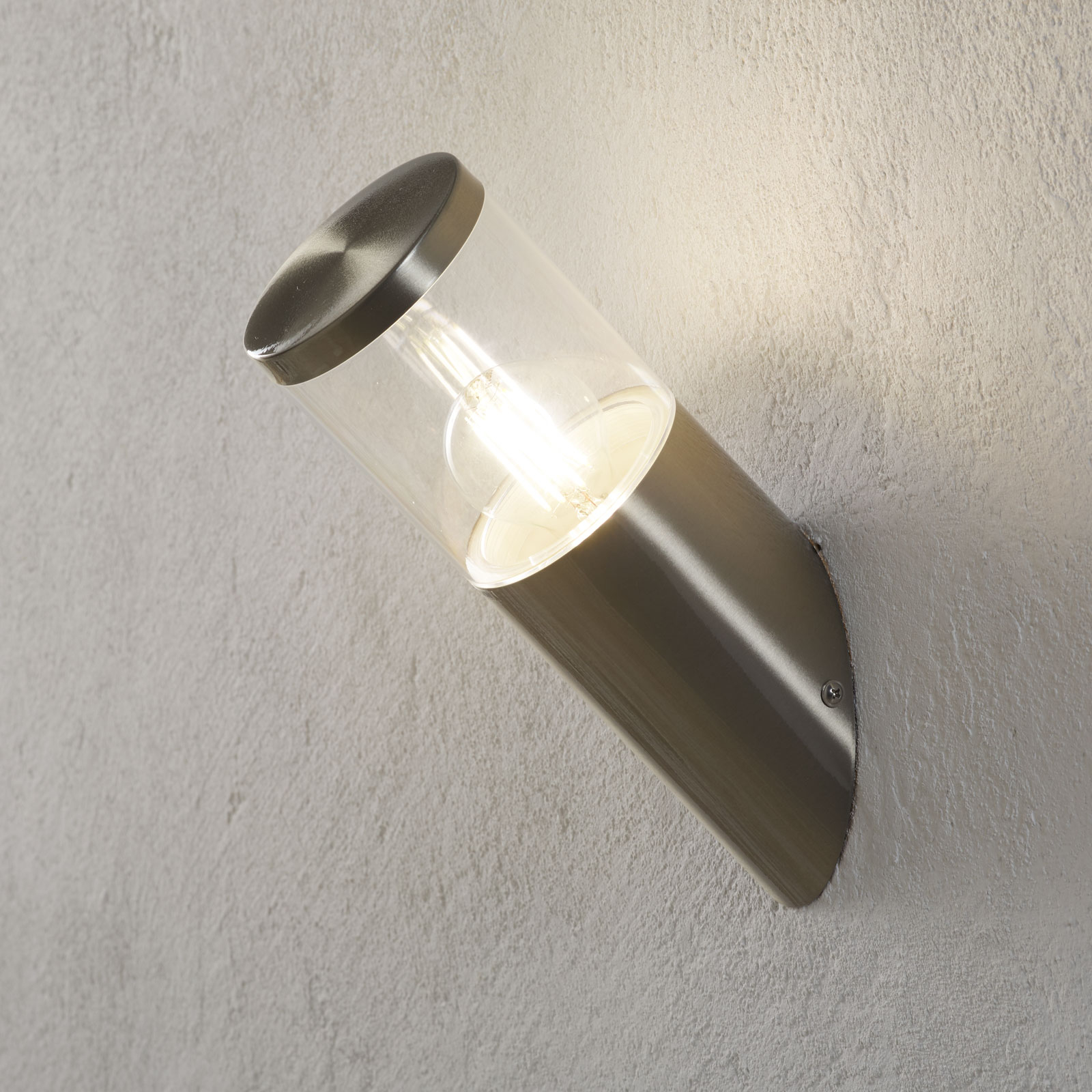 Hanneli stainless steel outdoor wall lamp, sloped, Lampenwelt.com, stainless steel, polycarbonate, E27, 40 W, energy efficiency: A++, L: 30 cm, W: 10.1 cm