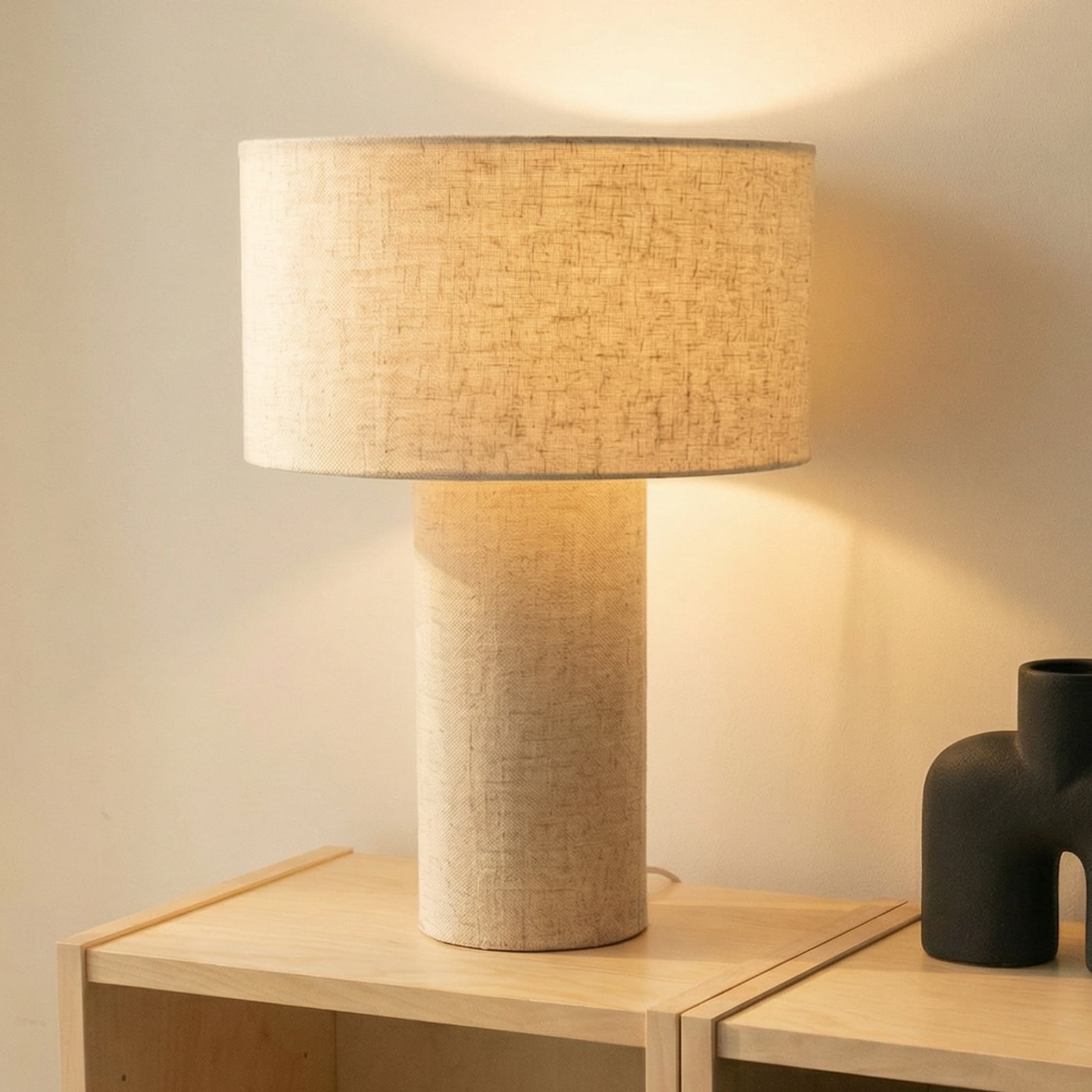 Candeeiro de mesa Elfie, bege, E27, Ø 35 cm, linho - Lindby