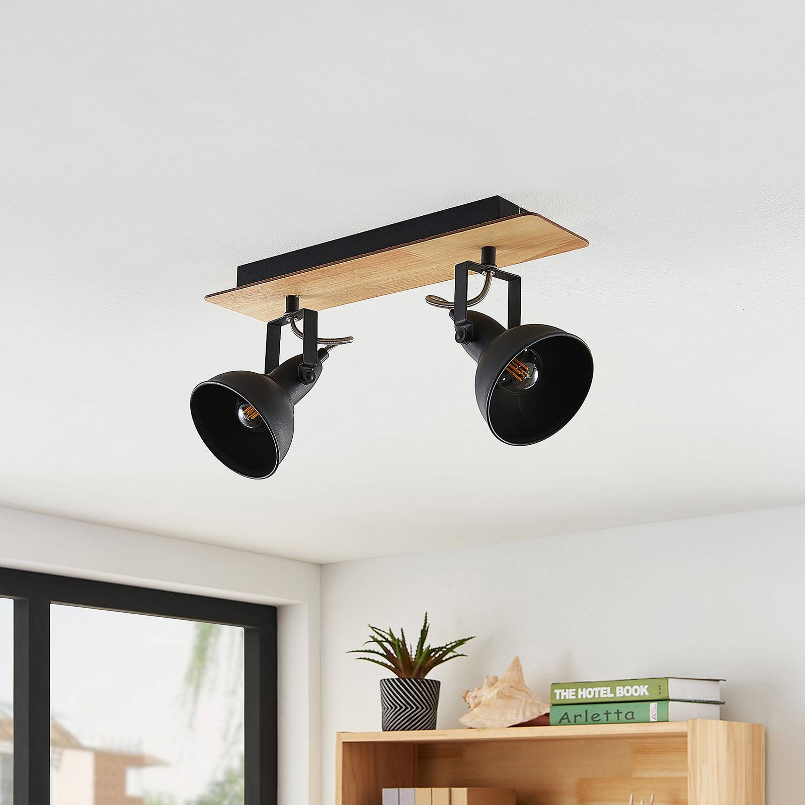 Lindby Aylis Deckenlampe, 2-flg., 40 cm, schwarz, Holz, E14 günstig online kaufen