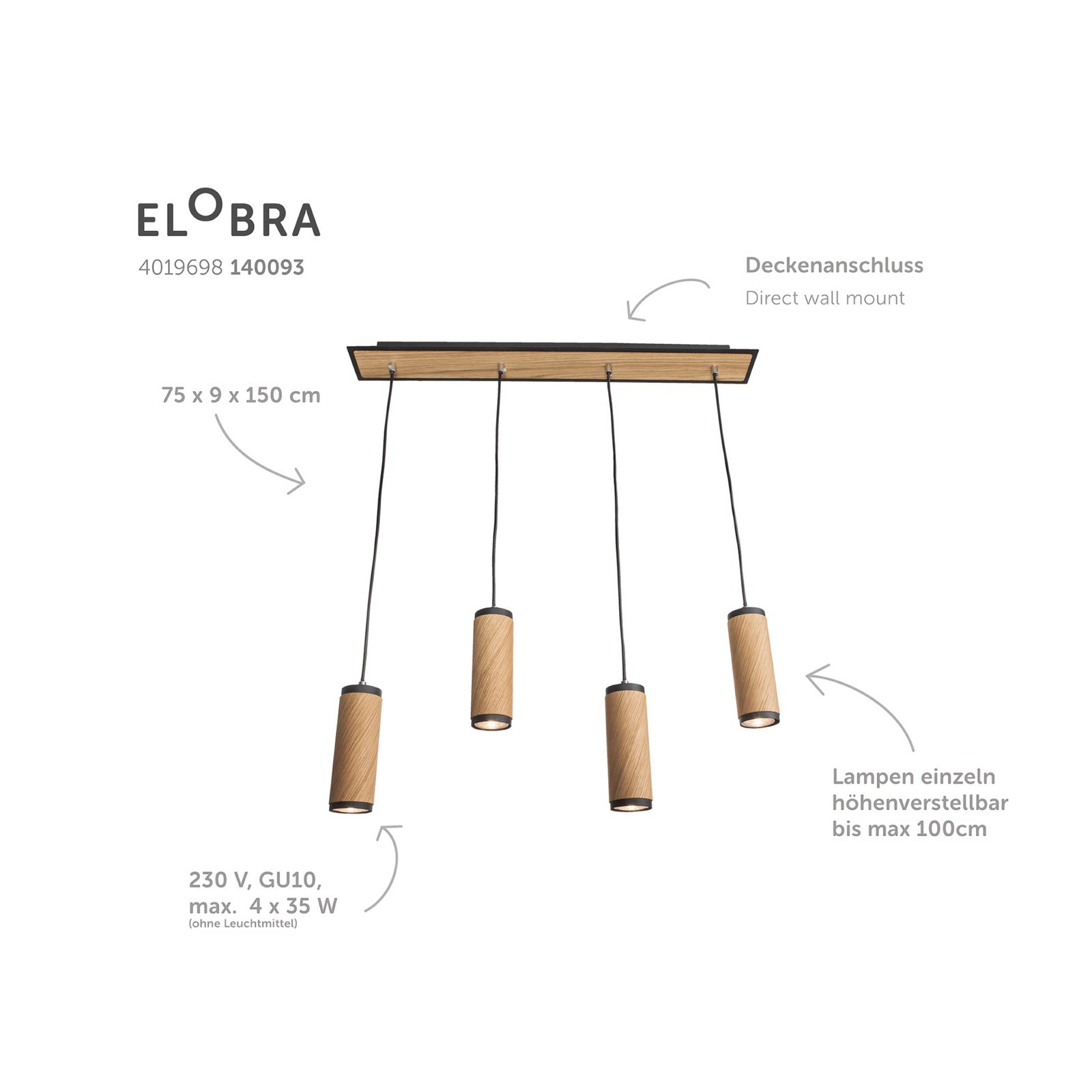 Candeeiro suspenso Bolivia, madeira, carvalho, 3 lâmpadas, comprimento 75 cm