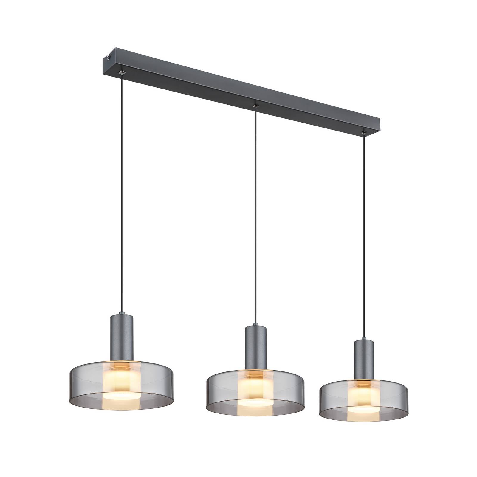 LED-Hängelampe Grant, Länge 90 cm, rauchgrau, 3-flg., Glas