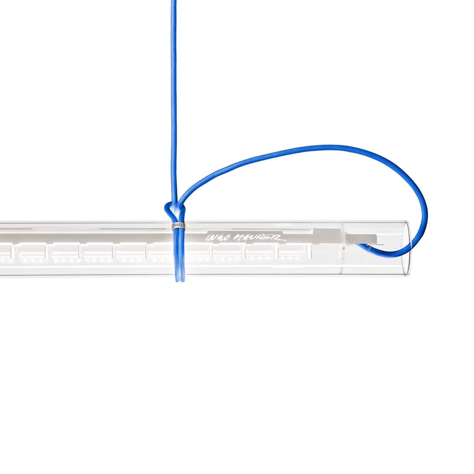Ingo Maurer Tubular LED hanging light, white/blue, for Living / Dining Room, glass, metal, fabric cable, plastic, 25 W, energy efficiency: A+, L: 125 cm