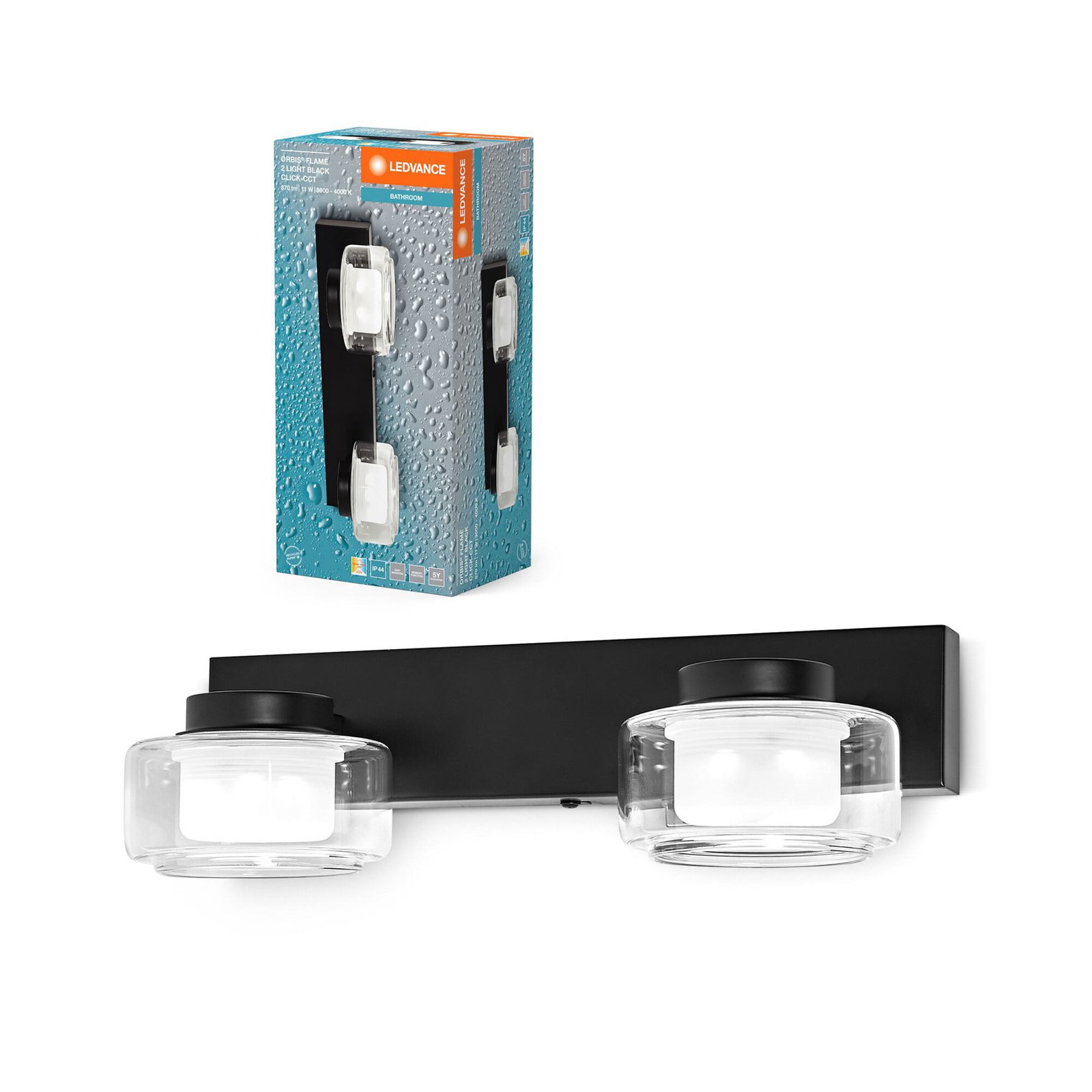 LEDVANCE LED sienas lampa Orbis Flame, 2 gaismas, melna, IP44