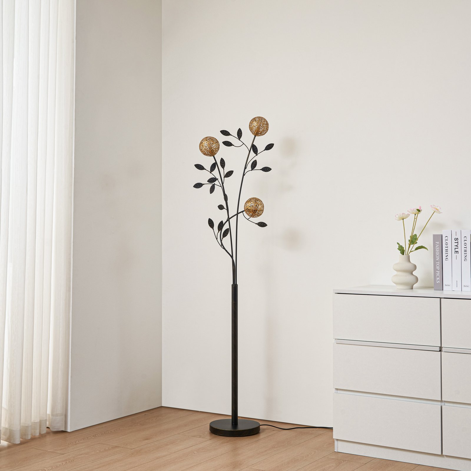 Stojacia lampa Lucande Evory, 160 cm, 3 svetlá, čierna/zlatá, G9
