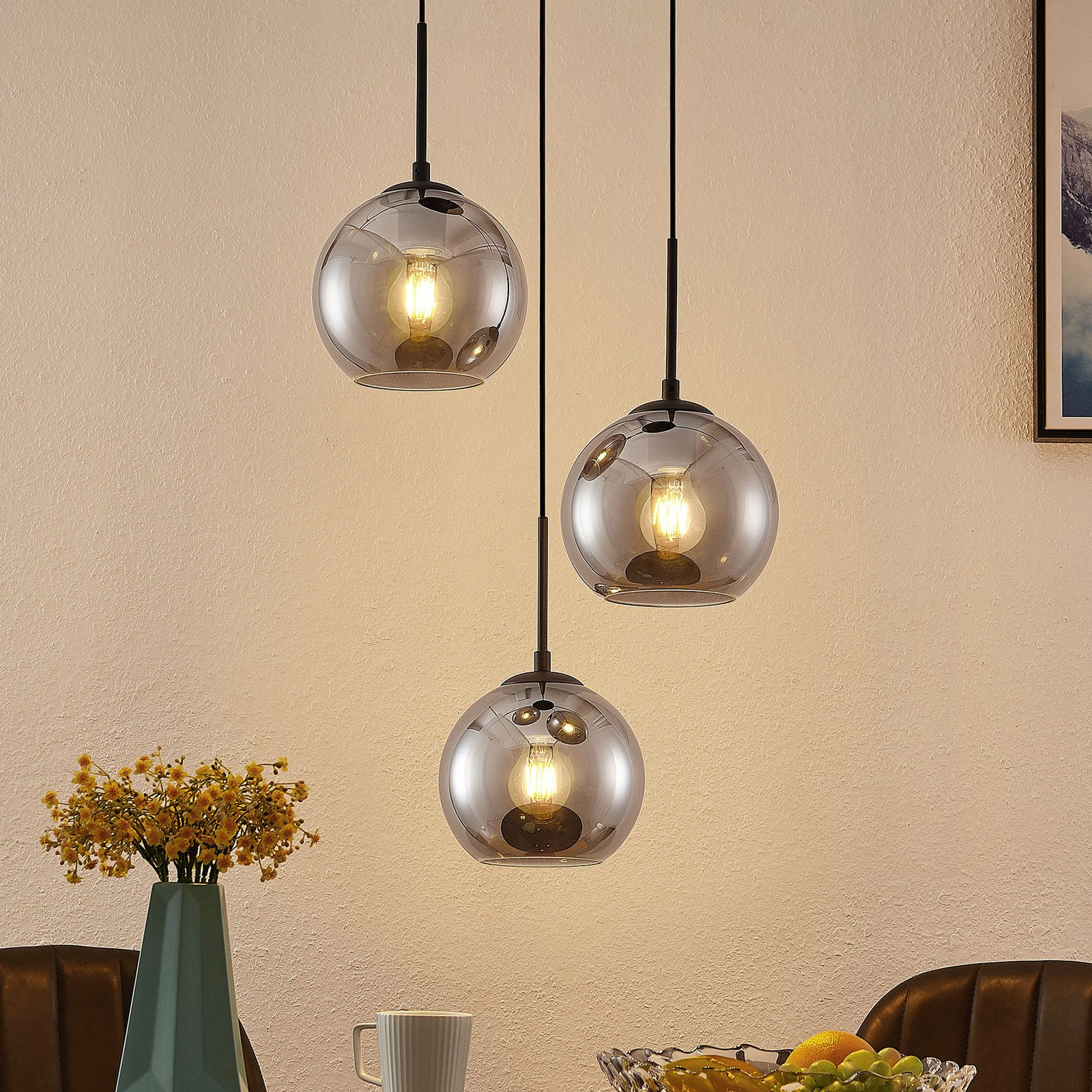 Lampă suspendată Lindby Jurian 32 cm 3 becuri negru/moke sticlă - Camera de zi / sufragerie - modern - gri fum negru - Metal