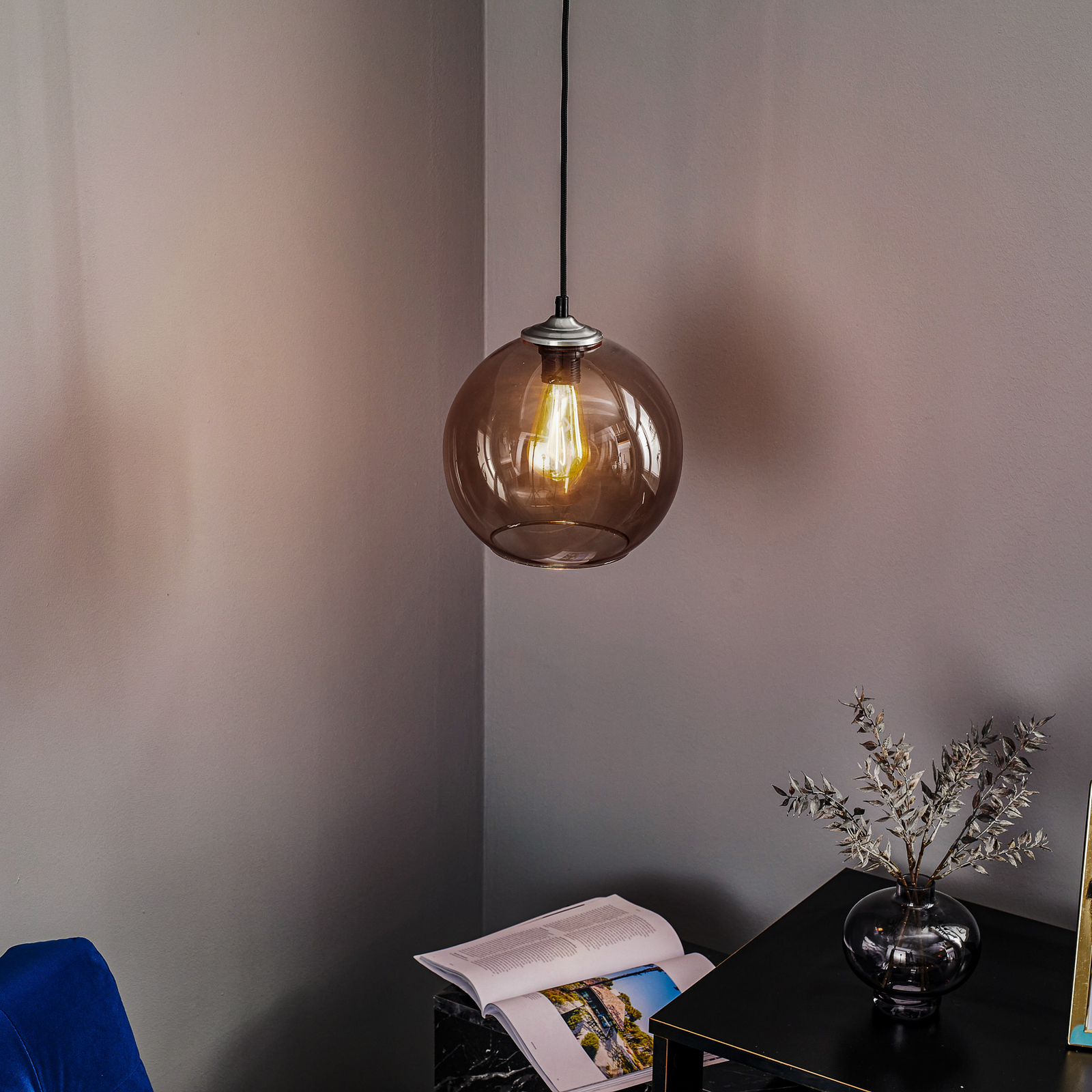 Závesná lampa guľa sklenené guľové tienidlo dymovo sivé Ø25cm