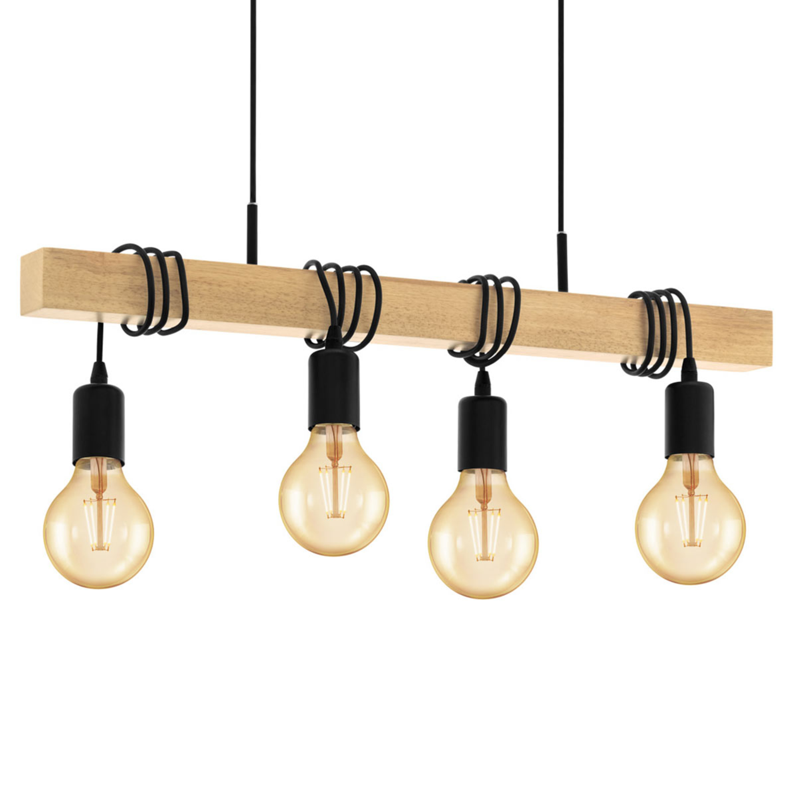 EGLO Townshend pendant lamp, 4-bulb, for Living / Dining Room, metal, wood, E27, 60 W, energy efficiency: A++, L: 70 cm, W: 10.5 cm