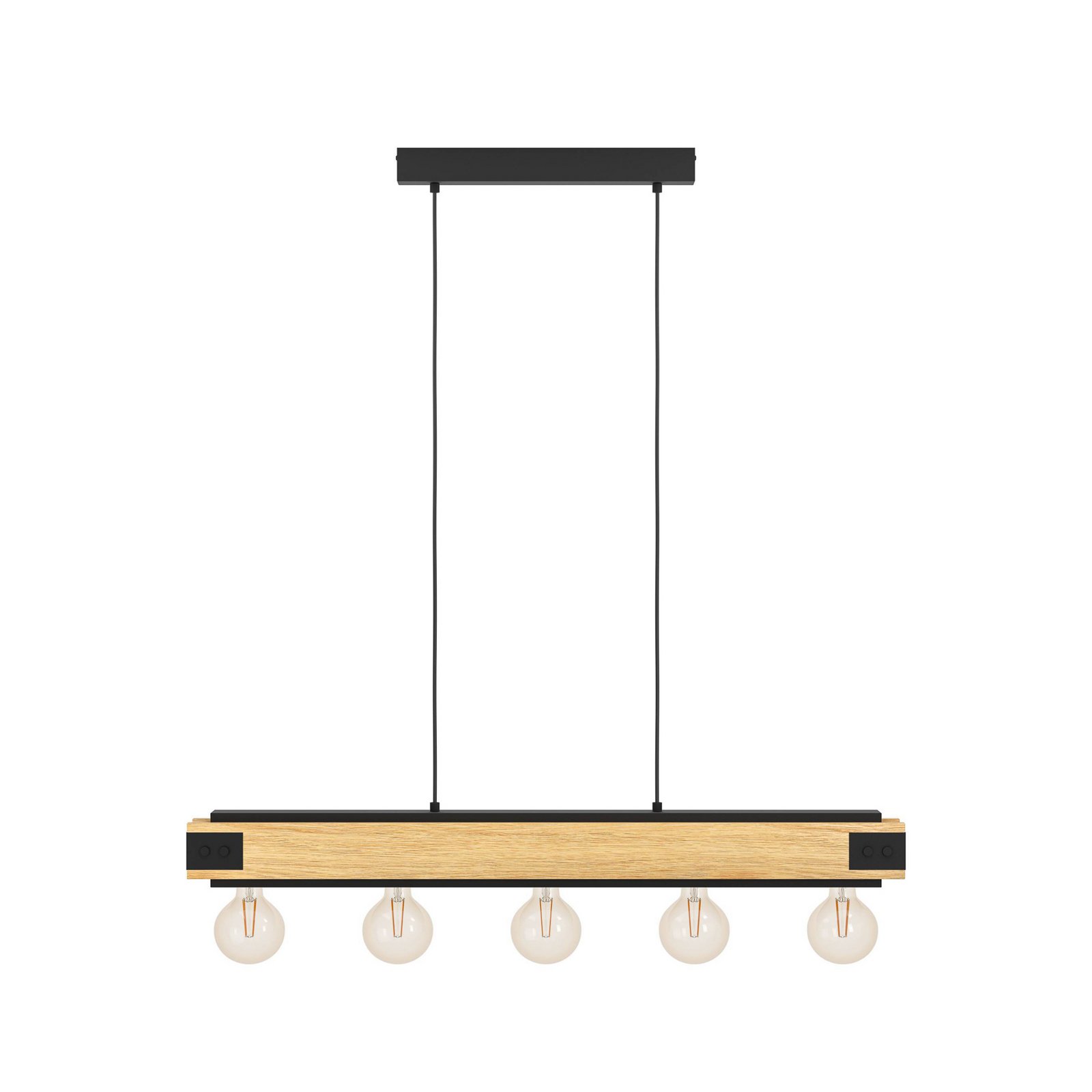 Suspension Layham, noir/bois clair, longueur 96 cm, à 5 lampes.