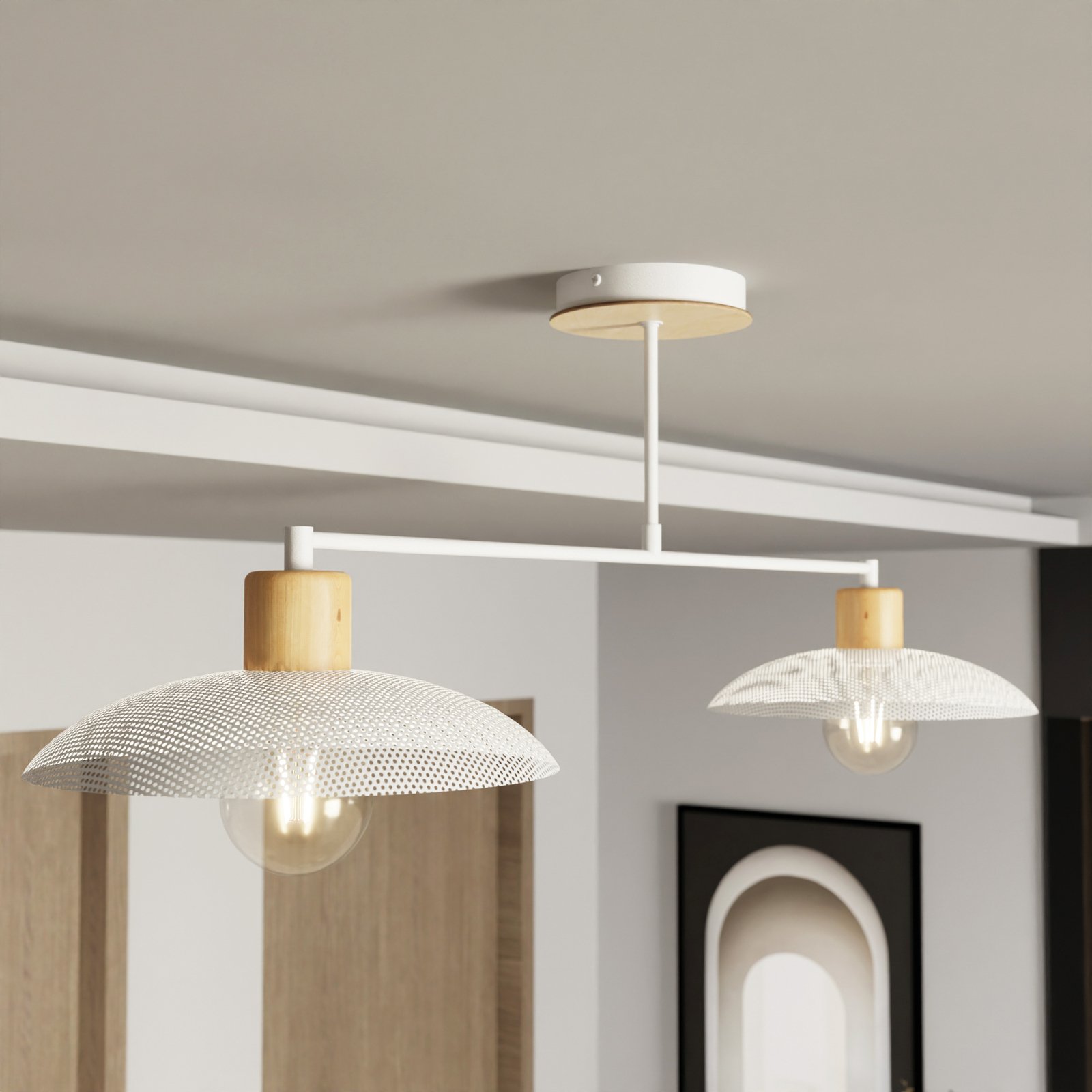 Kobe ceiling light, 2-bulb, steel, wood, white