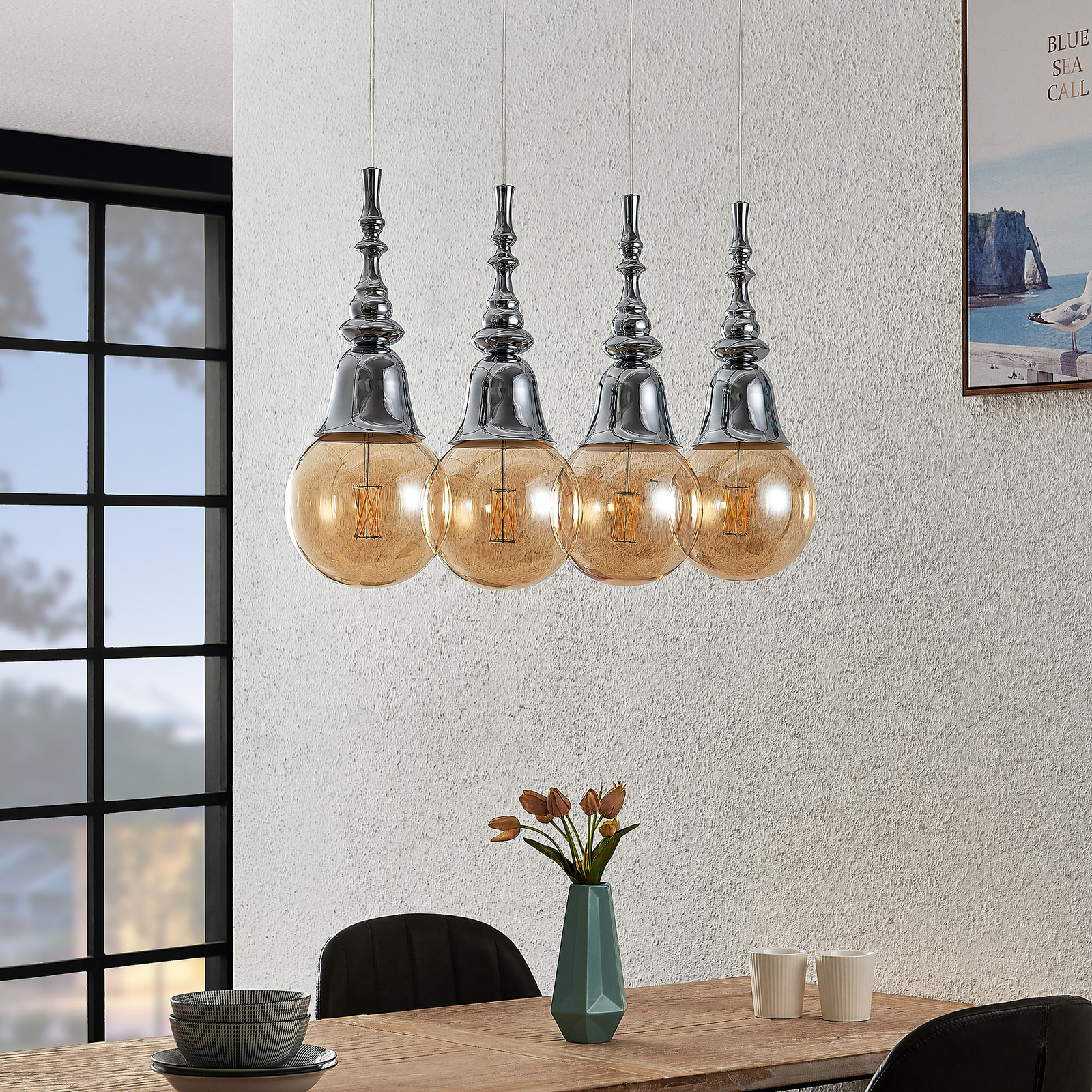 Lucande Gesja hanglamp, 4-lamps, lang, chroom