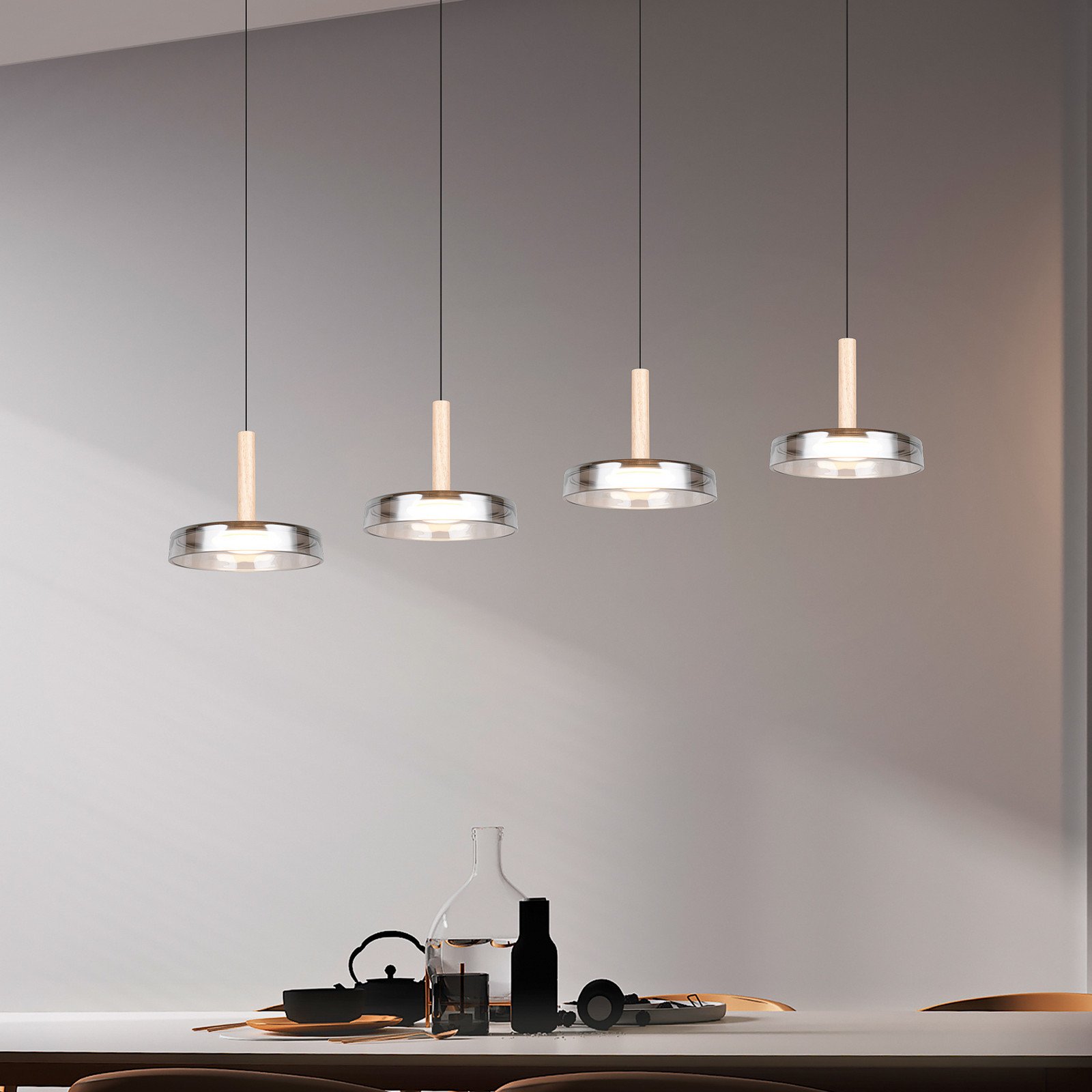 Trio Lighting Lampă suspendată LED Celeste crom/lemn 115 cm 4 becuri sticlă dimabil - Camera de zi / sufragerie - modern - crom lemn deschis negru