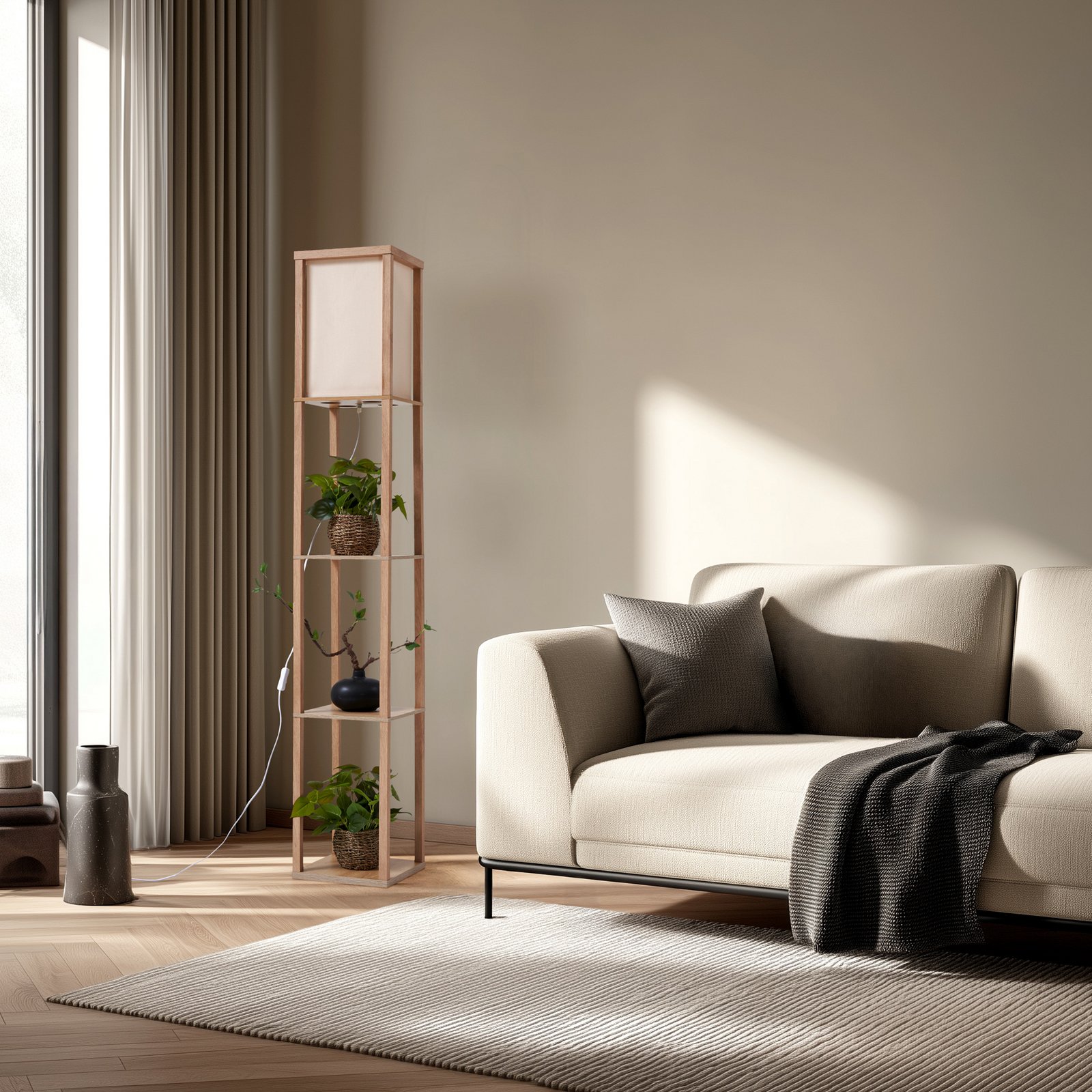 Birta gulvlampe, træfarvet/hvid, reol, træ - Lindby