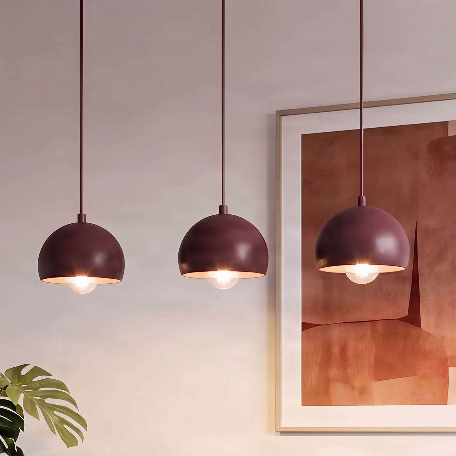 Hängelampe Sool, dunkelrot, Länge 65 cm, 3-flg., Metall, E27