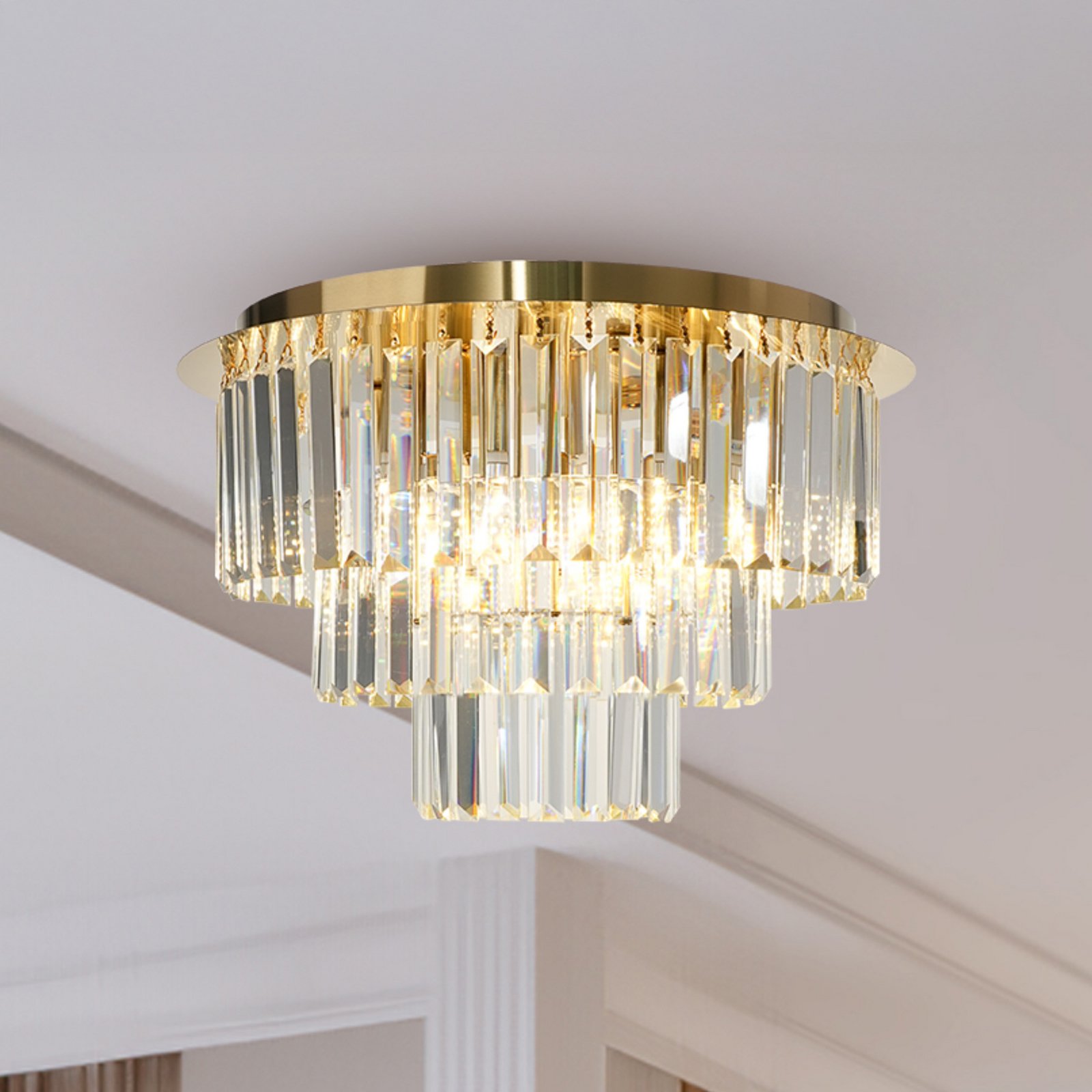 Milano ceiling light, Ø 45 cm, gold/crystal, glass, 6 x E14
