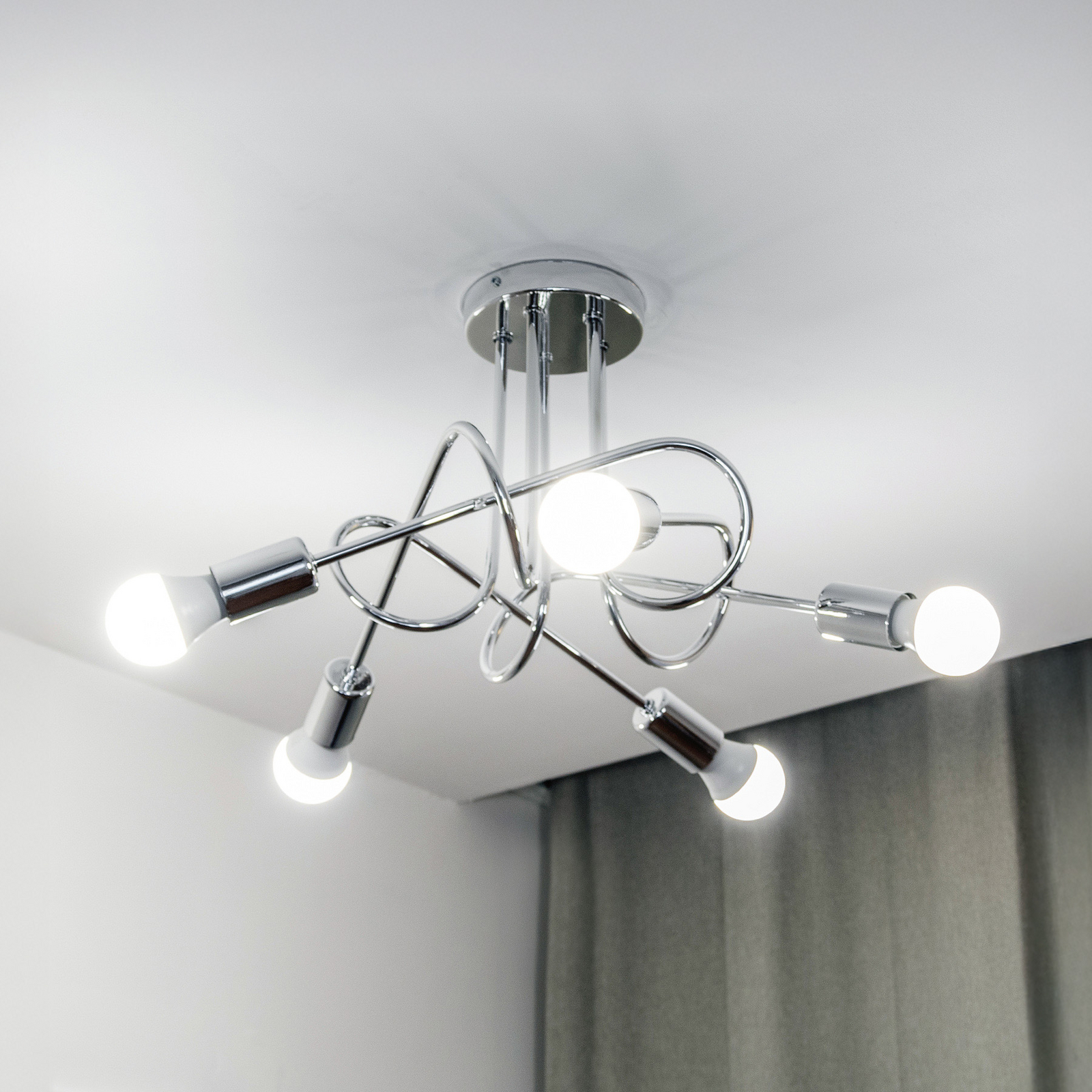 Plafonnier Oxford, chrome, à 5 lampes, Ø 47 cm, métal