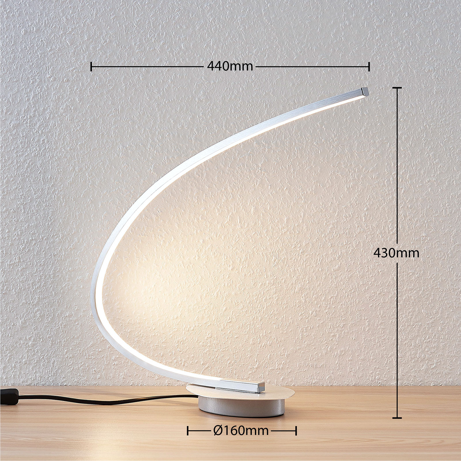Lámpara de mesa LED Nalevi, forma de arco, plata