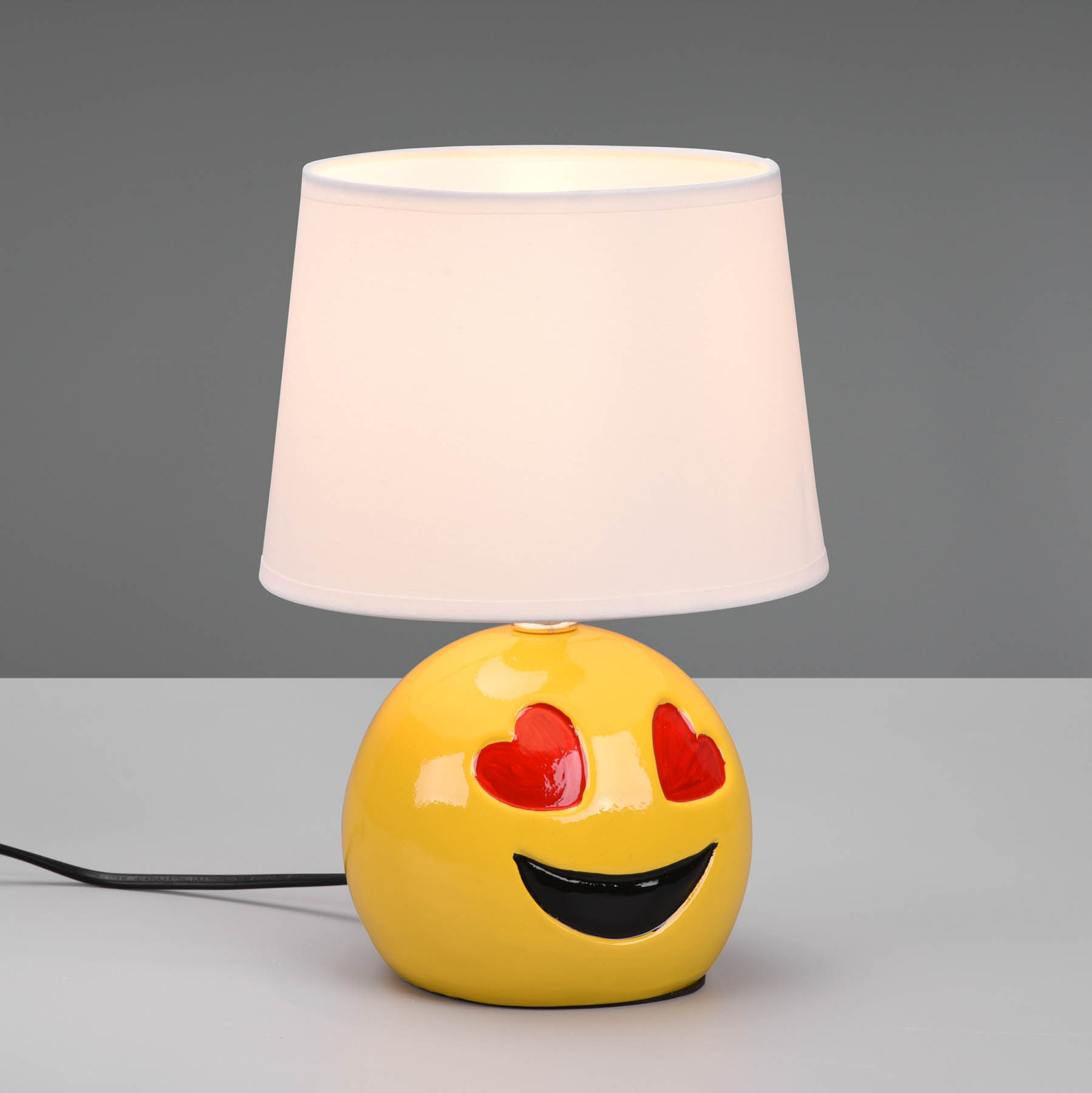 Lovely bordlampe med smiley, hvid stofskærm