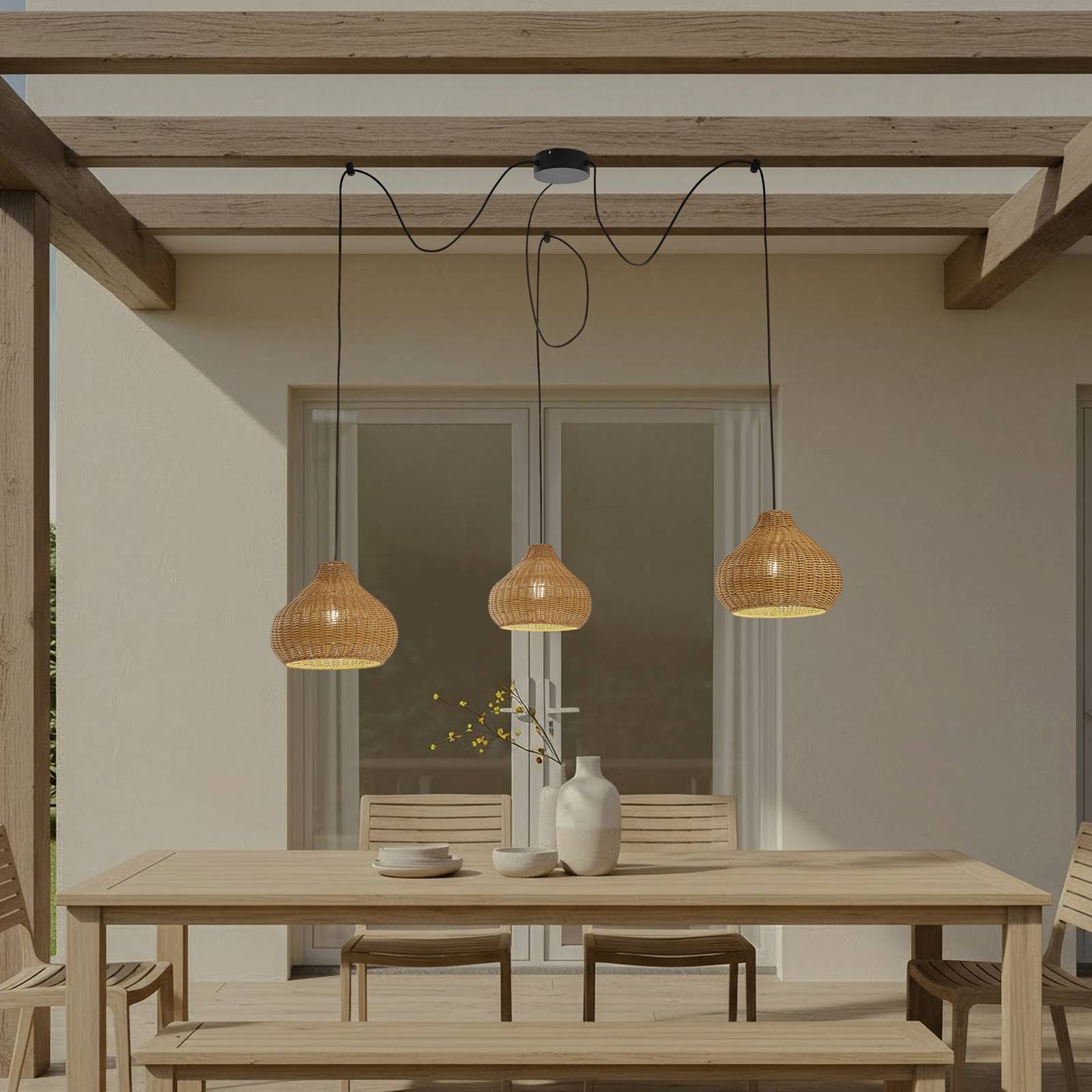 Lucande Außenhängelampe Taniola, 3-flg., beige, Rattan, IP44 günstig online kaufen